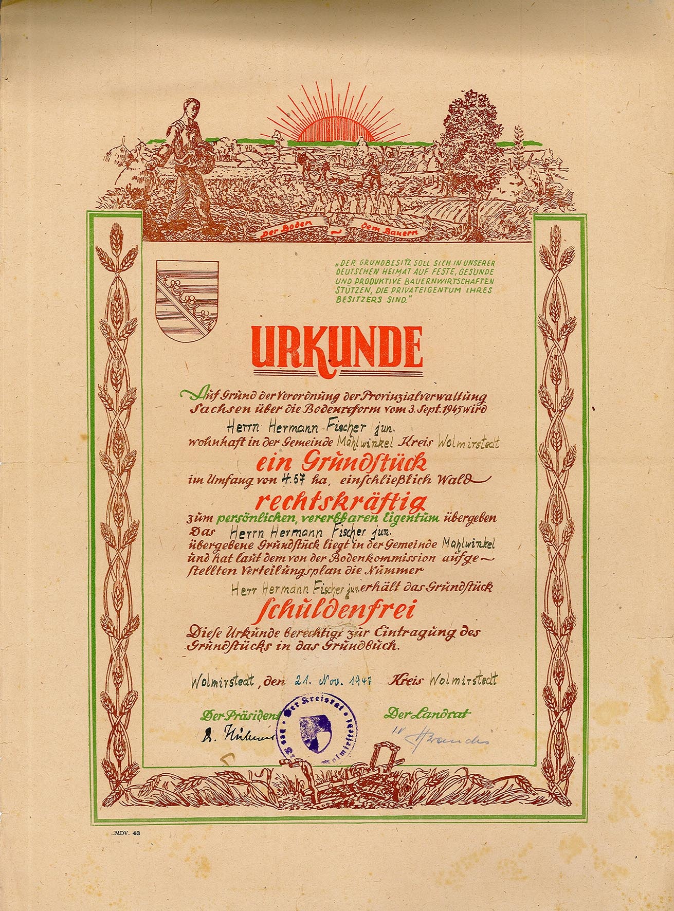 Bodenbesitz-Urkunde für Hermann Fischer im Zuge der Bodenreform, 1947 (Museum Wolmirstedt RR-F)