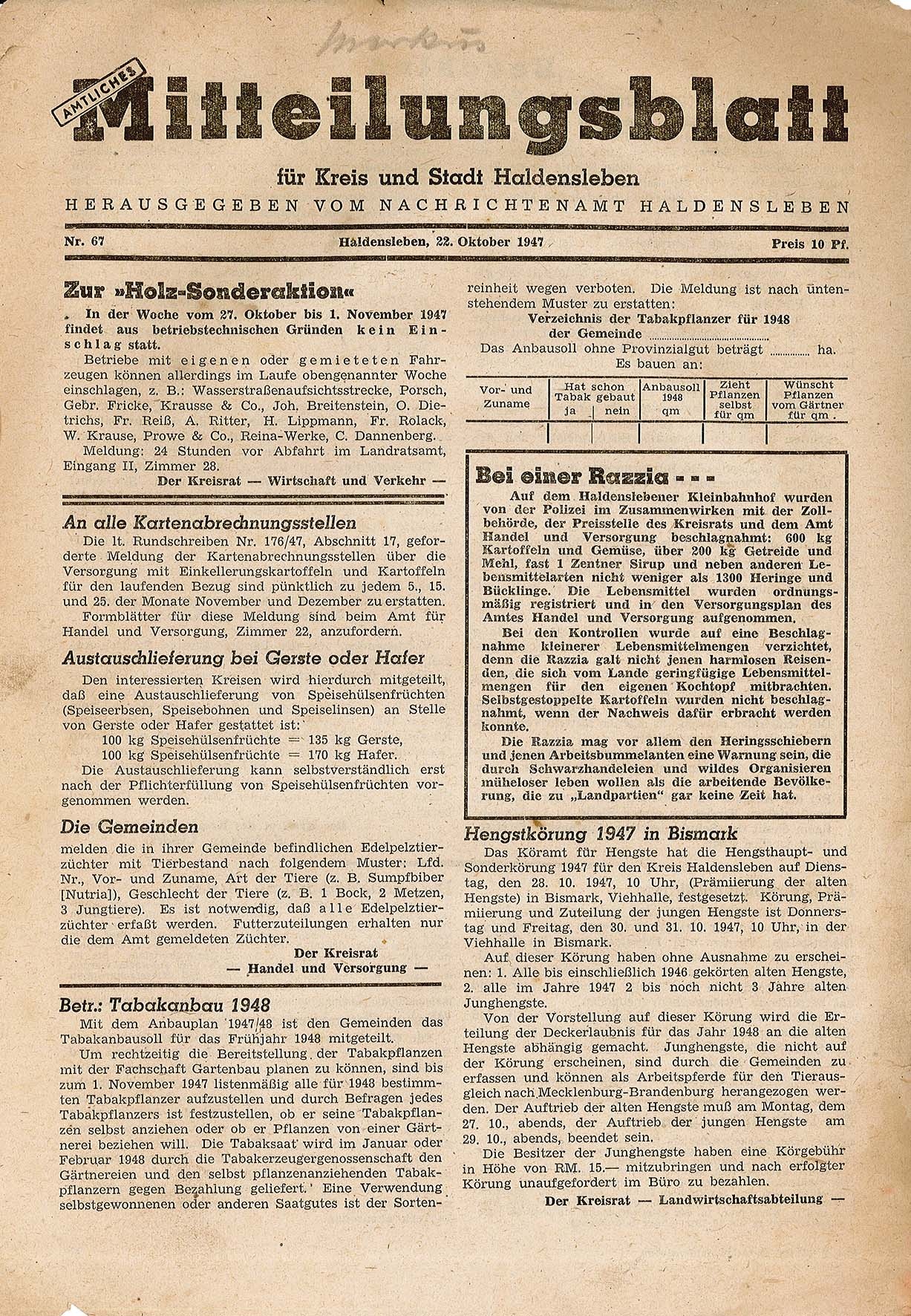 Amtliches Mitteilungsblatt für Kreis und Stadt Haldensleben Nr. 67, 22. Oktober 1947 (Museum Wolmirstedt RR-F)