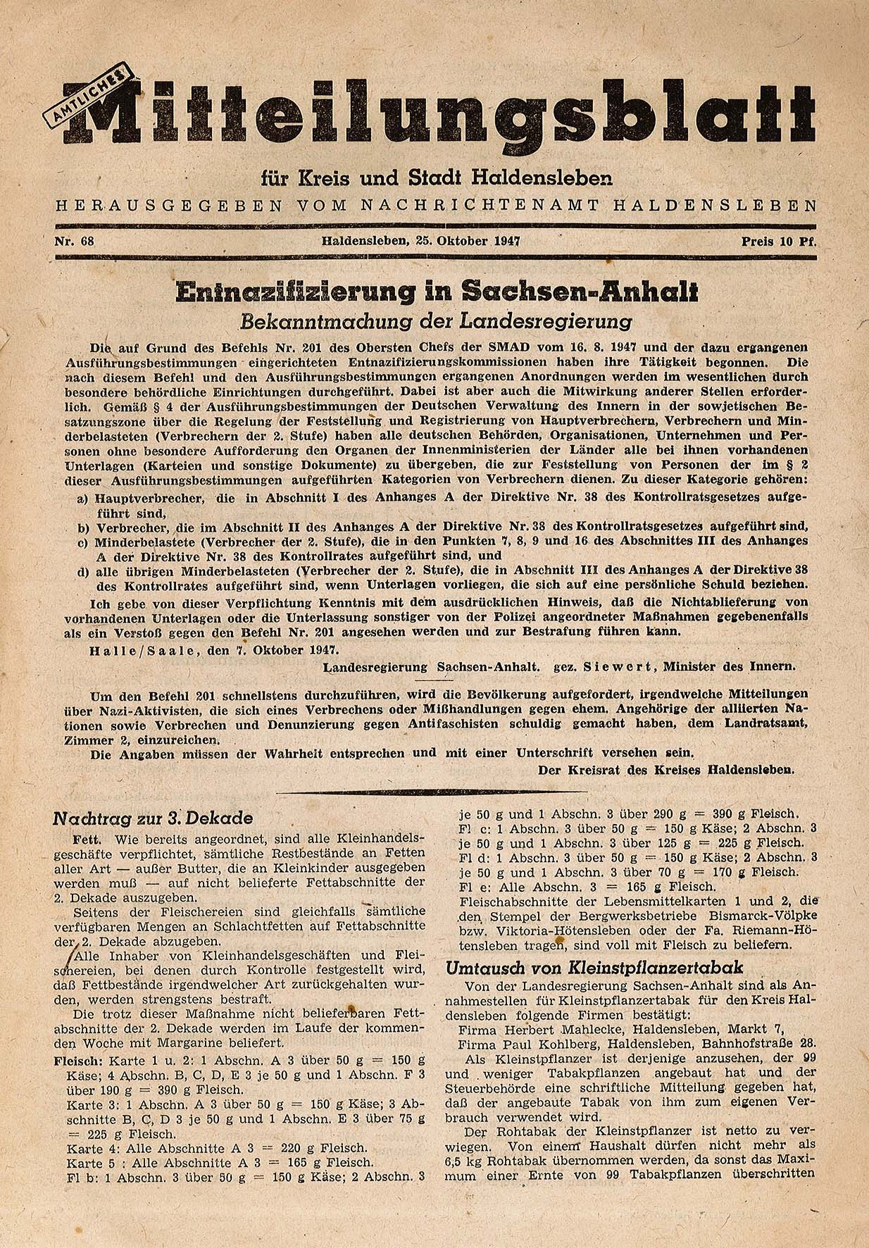 Amtliches Mitteilungsblatt für Kreis und Stadt Haldensleben Nr. 68, 25. Oktober 1947 (Museum Wolmirstedt RR-F)