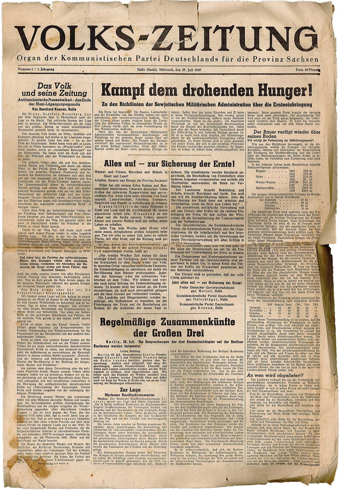 Volks-Zeitung, Nr. 1 - 25. Juli 1945 (Museum Wolmirstedt RR-F)