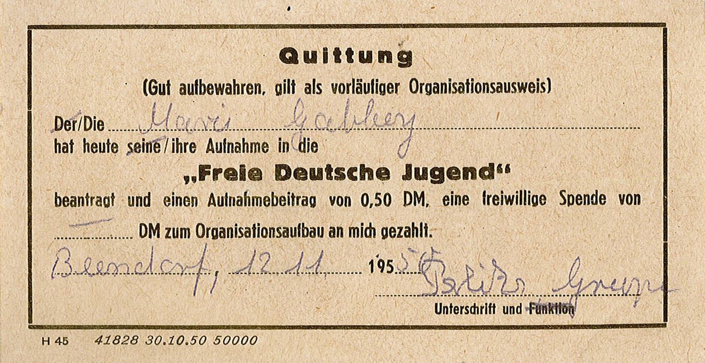 Quittung für Maria Gabbey über Zahlung der Aufnahmegebühr in die Freie Deutsche Jugend, 12. November 1950 (Museum Wolmirstedt RR-F)