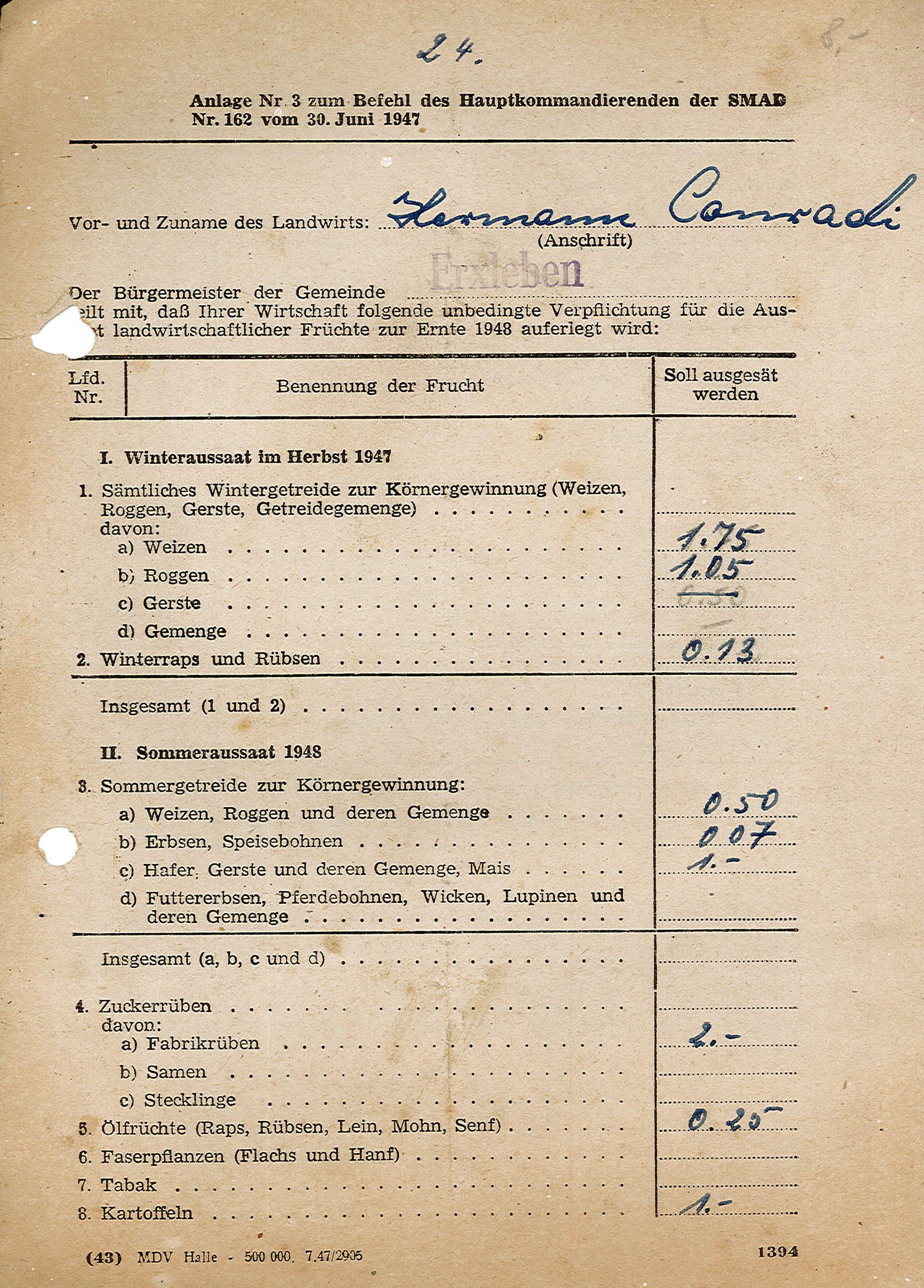 Anlage Nr. 3 zum SMAD-Befehl Nr. 162 - Anweisung an Hermann Conradi zu Art und Menge der Aussaat, 1947 (Museum Wolmirstedt RR-F)