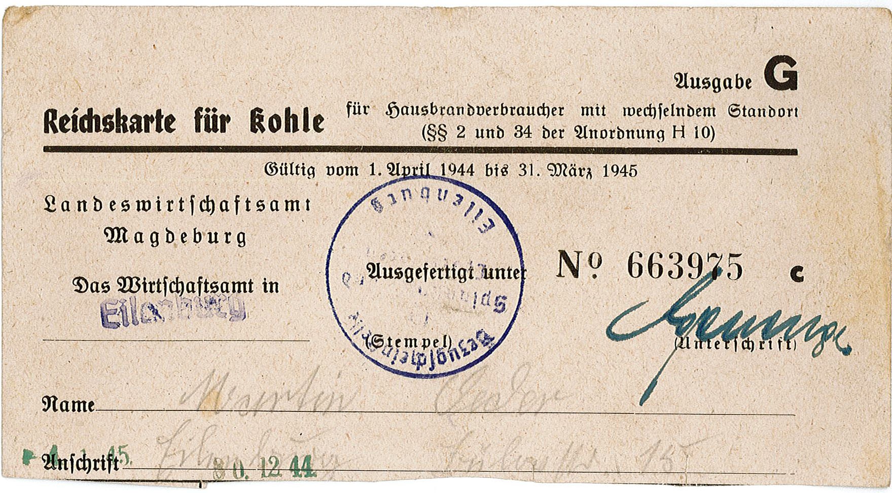 Reichskarte für Kohle von Martin Oeder, 1944/1945 (Museum Wolmirstedt RR-F)