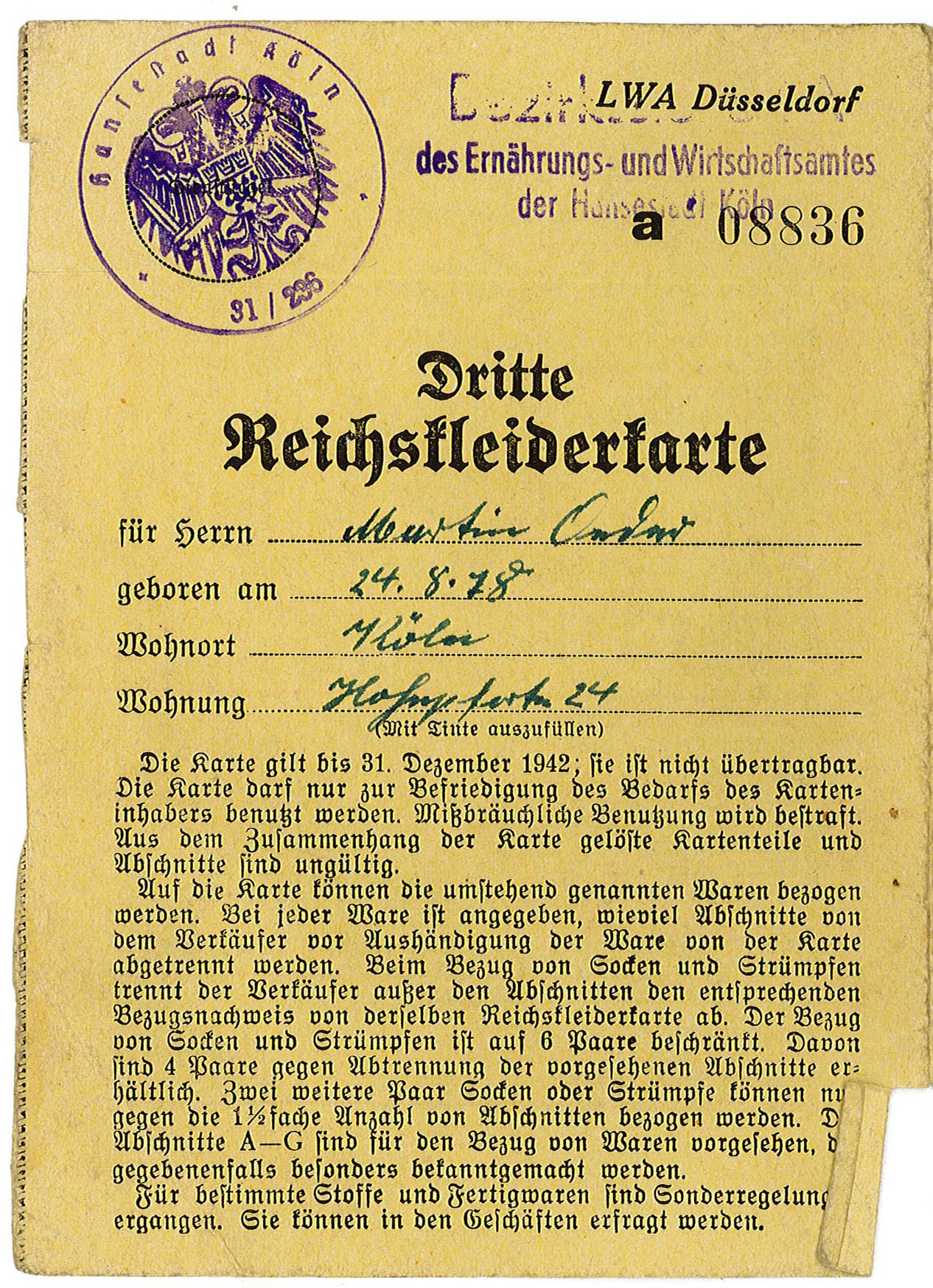 Dritte Reichskleiderkarte für Martin Oeder 1942 (Museum Wolmirstedt RR-F)