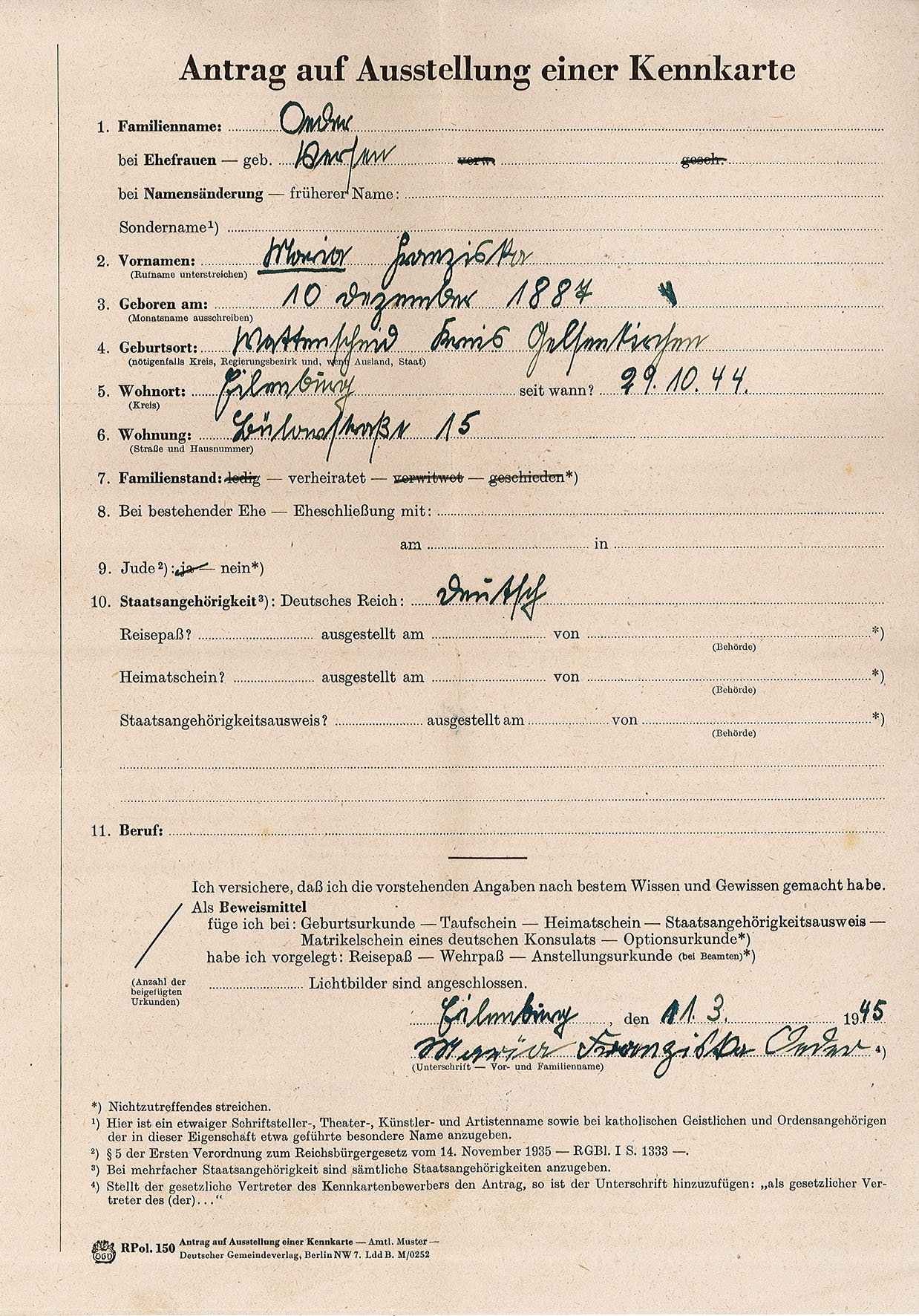 Antrag auf Ausstellung einer Kennkarte von Maria Oeder, 11. März 1945 (Museum Wolmirstedt RR-F)