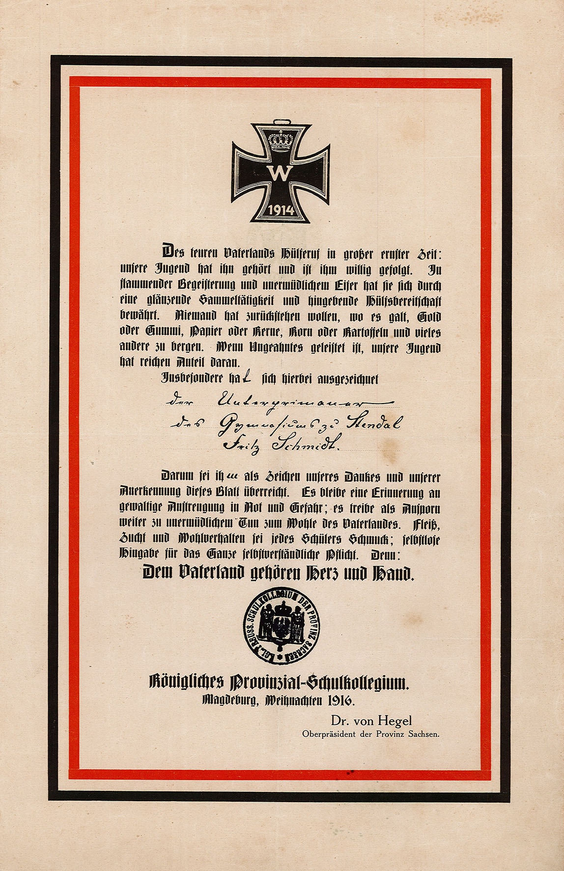 Ehrenurkunde zur Sammeltätigkeit für Fritz Schmidt, 1916. (Museum Wolmirstedt RR-F)