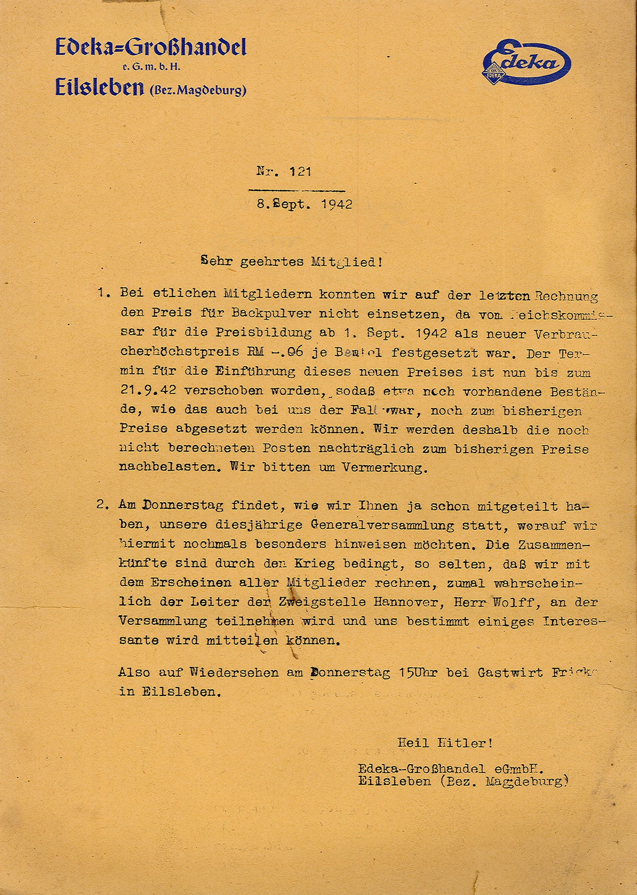 Schreiben an Edeka eGmbH-Mitglied Karl Markus, 8. September 1942 (Museum Wolmirstedt RR-F)