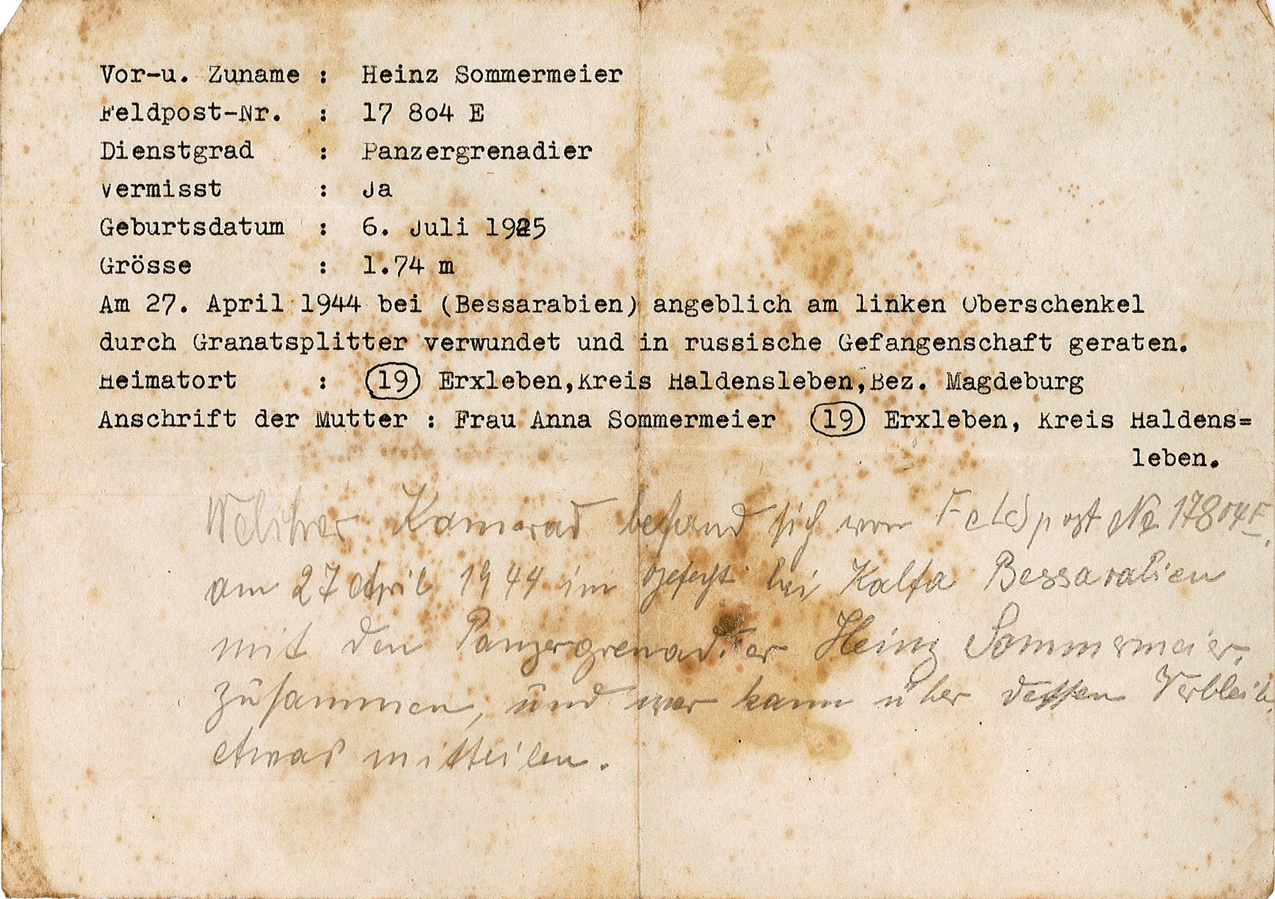 Mitteilung/Anfrage über Verbleib von Soldat Heinz Sommermeier, 1944 (Museum Wolmirstedt RR-F)