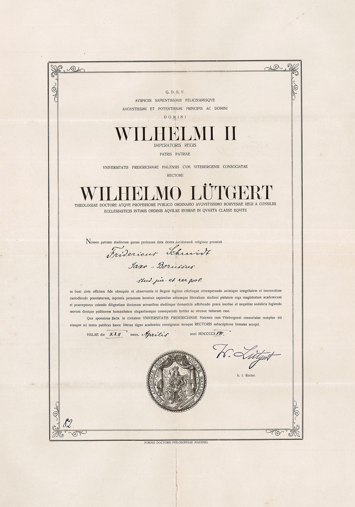 Urkunde für Friedrich Schmidt von der Universität Halle (Museum Wolmirstedt RR-F)