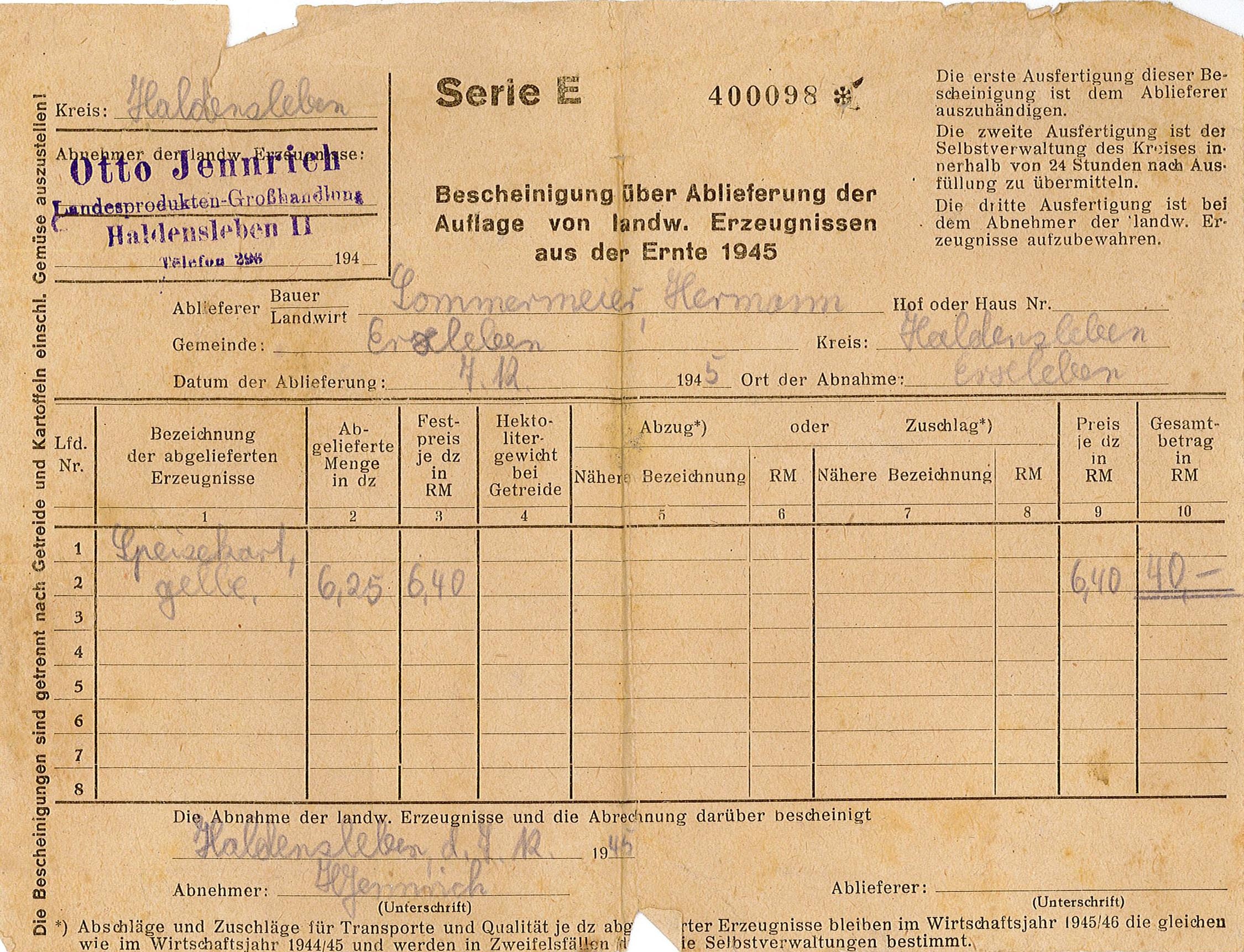 Bescheinigung über Ablieferung der Auflage von landwirtschaftlichen Erzeugnissen aus der Ernte 1945 für Hermann Sommermeier (Museum Wolmirstedt RR-F)