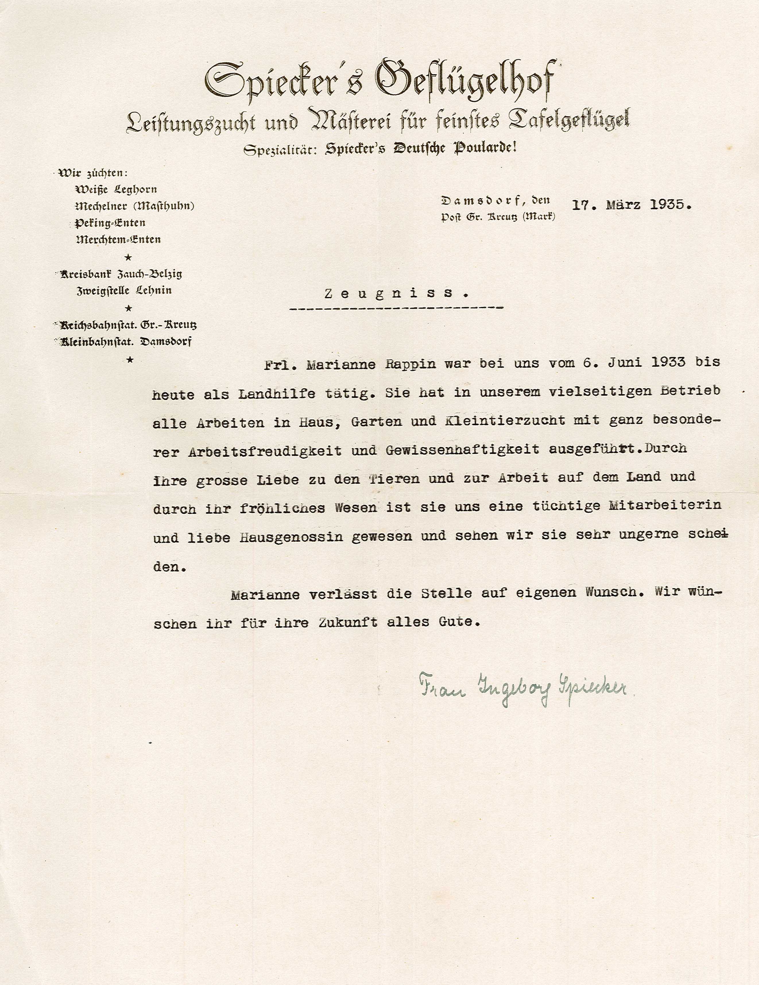 Arbeitszeugnis für Marianne Rappin von Spiecker’s Geflügelhof, 17. März 1935 (Museum Wolmirstedt RR-F)