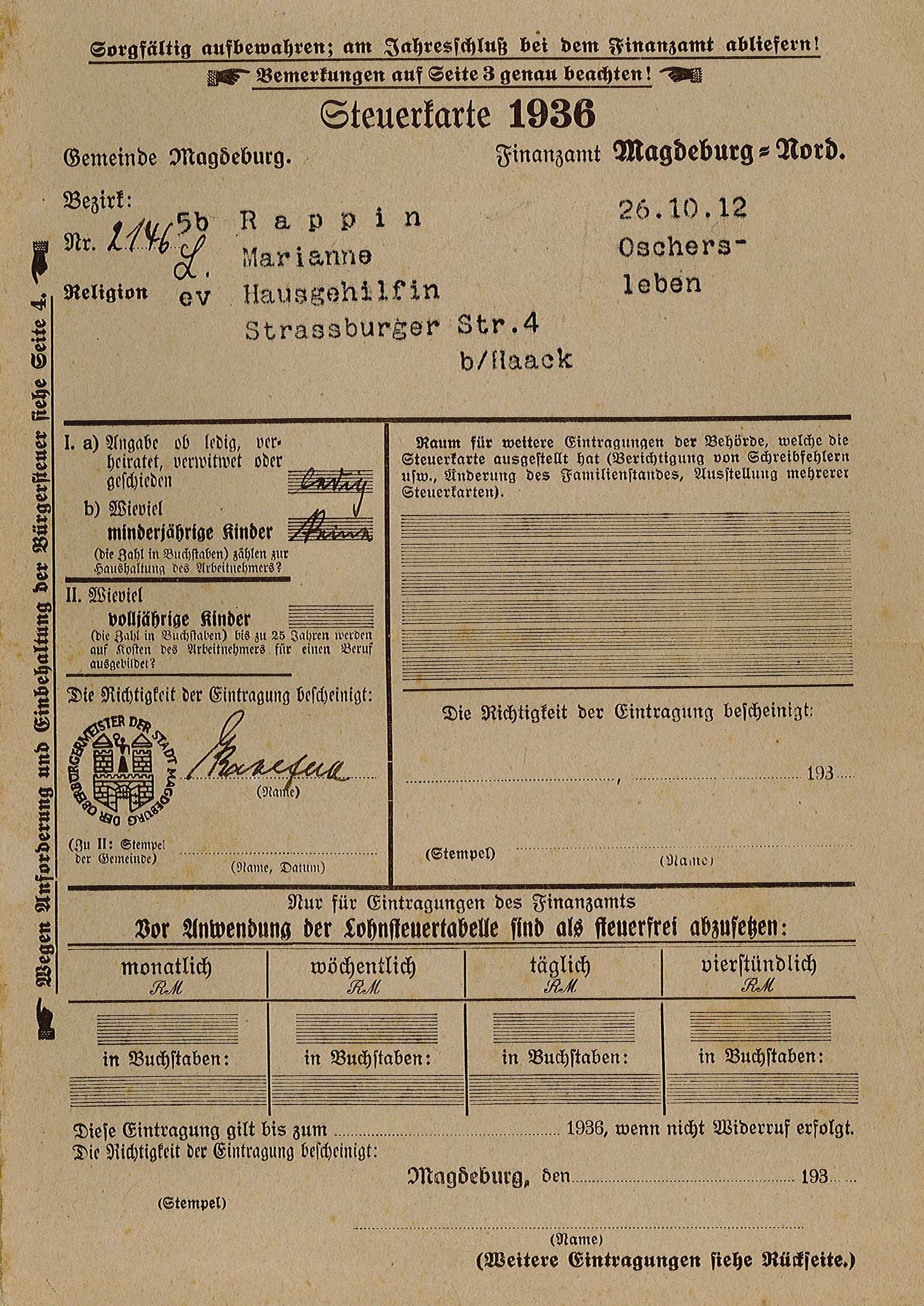 Steuerkarte für Marianne Rappin, 1936 (Museum Wolmirstedt RR-F)