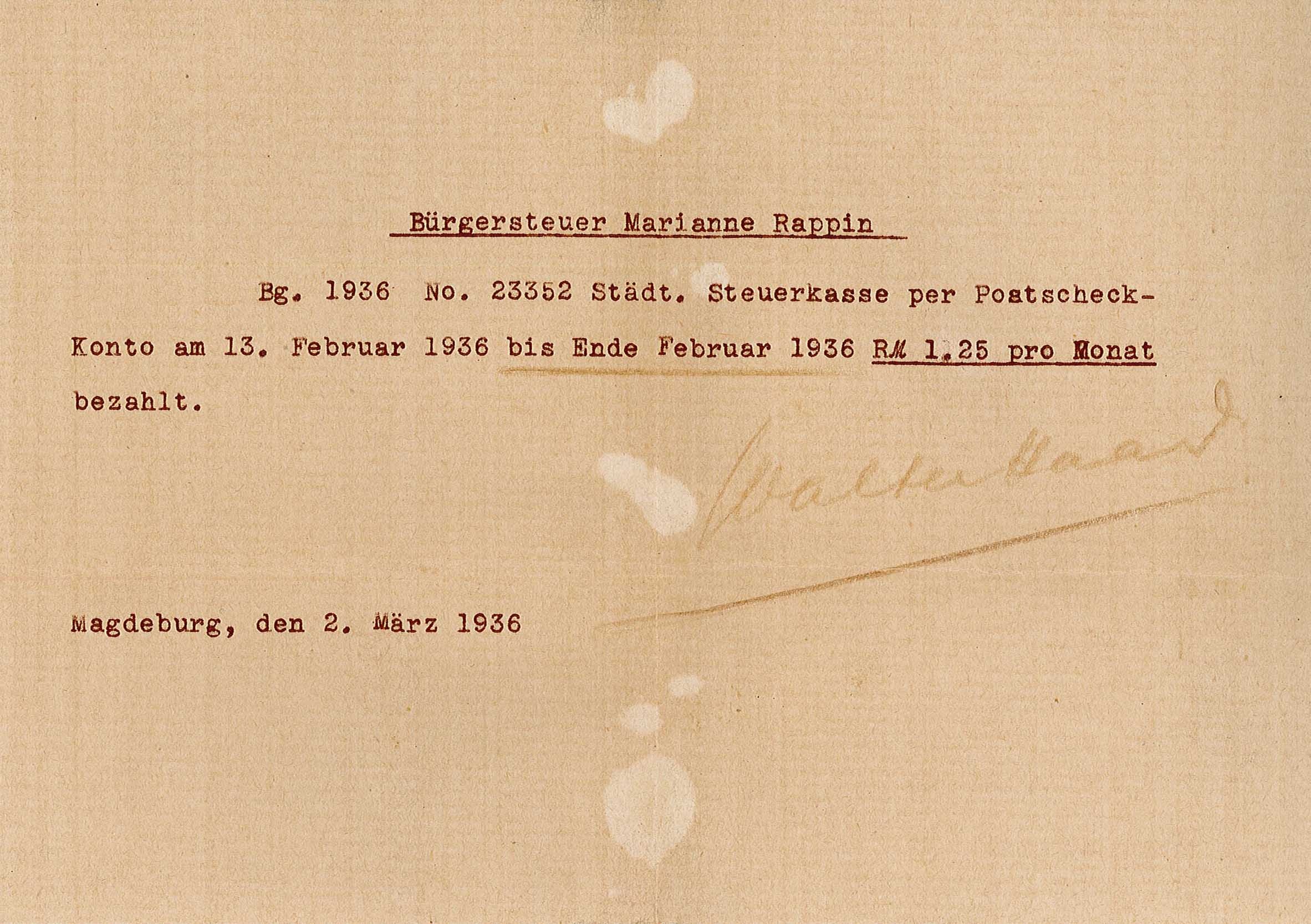 Nachweis über Bürgersteuer für Marianne Rappin, 1936 (Museum Wolmirstedt RR-F)