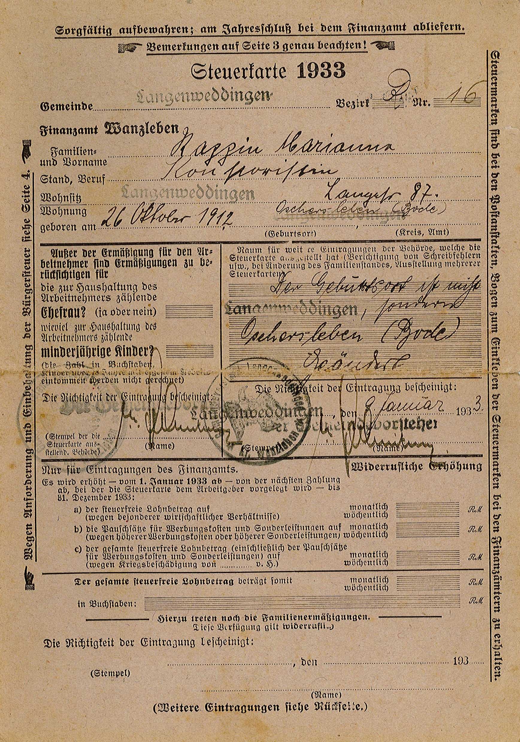 Steuerkarte für Marianne Rappin, 1933 (Museum Wolmirstedt RR-F)