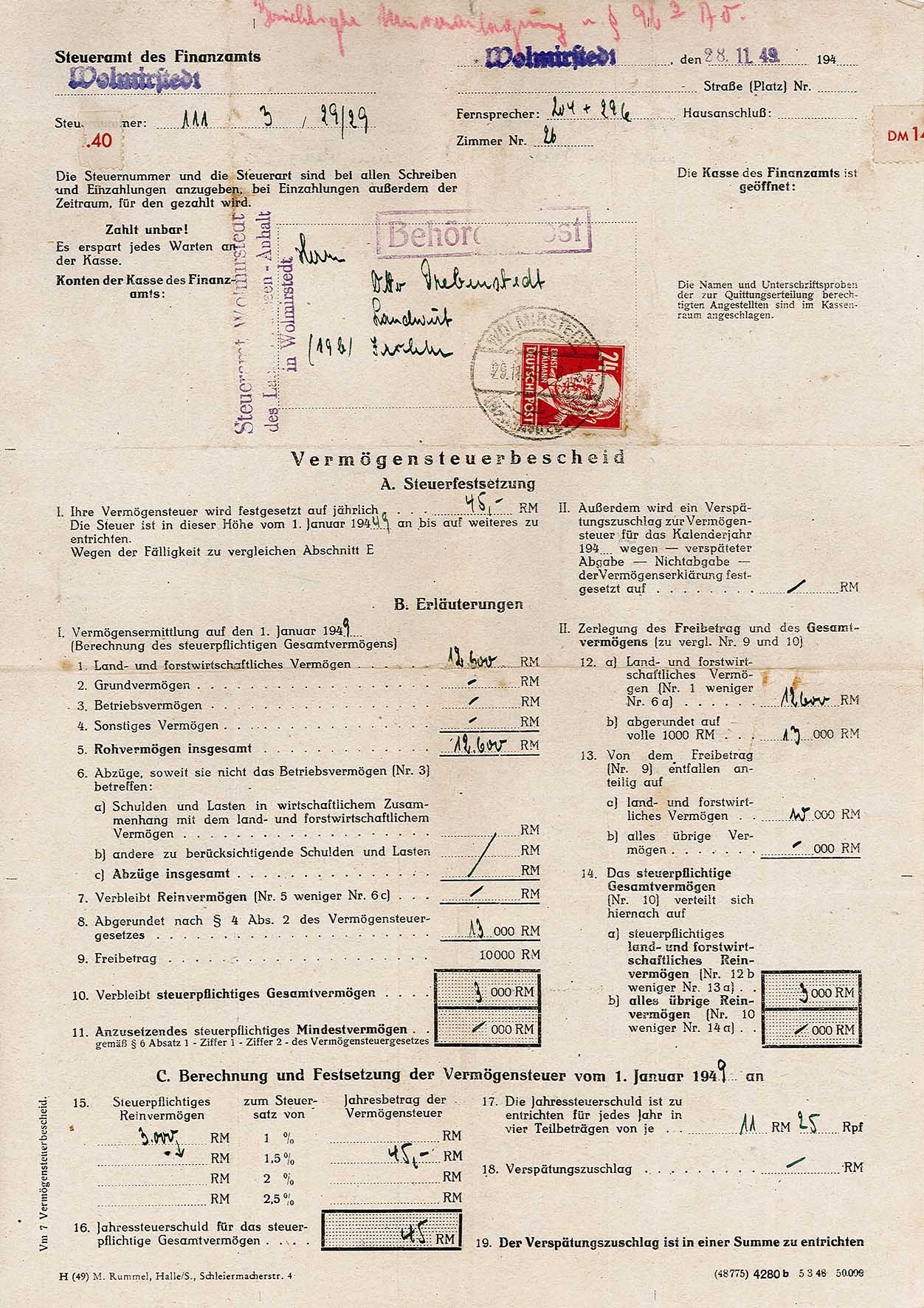 Vermögenssteuerbescheid für Otto Drebenstedt für das Jahr 1949, 28. November 1949 (Museum Wolmirstedt RR-F)