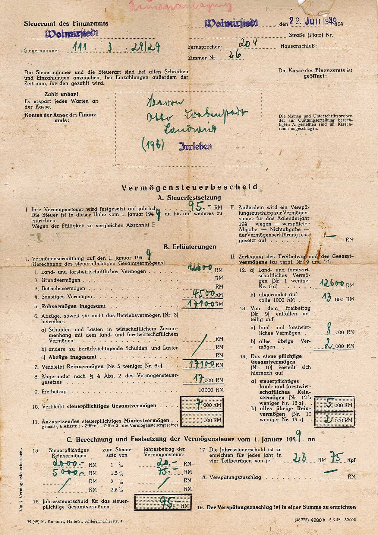 Vermögenssteuerbescheid für Otto Drebenstedt für das Jahr 1949, 22. Juli 1949 (Museum Wolmirstedt RR-F)