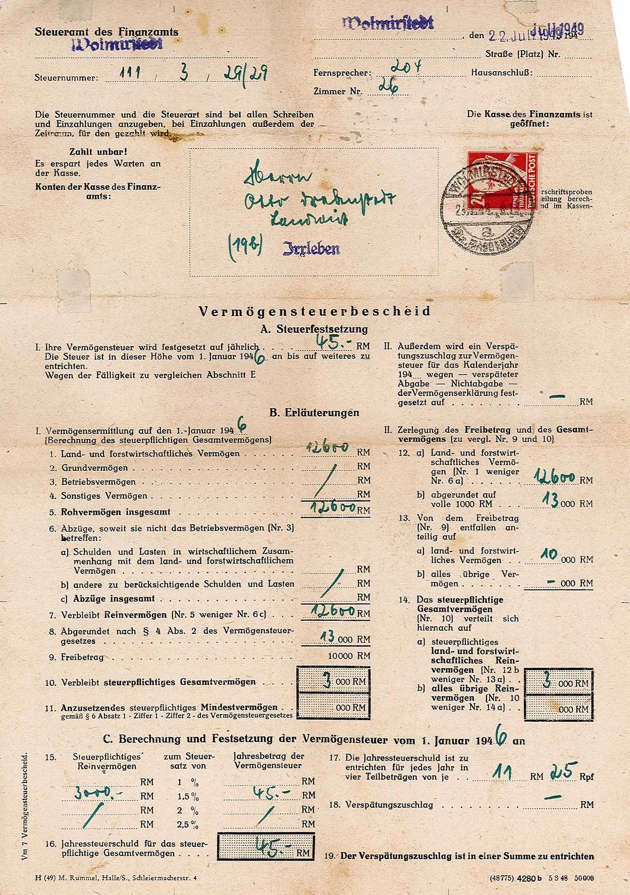 Vermögenssteuerbescheid für Otto Drebenstedt für das Jahr 1946, 22. Juli 1949 (Museum Wolmirstedt RR-F)