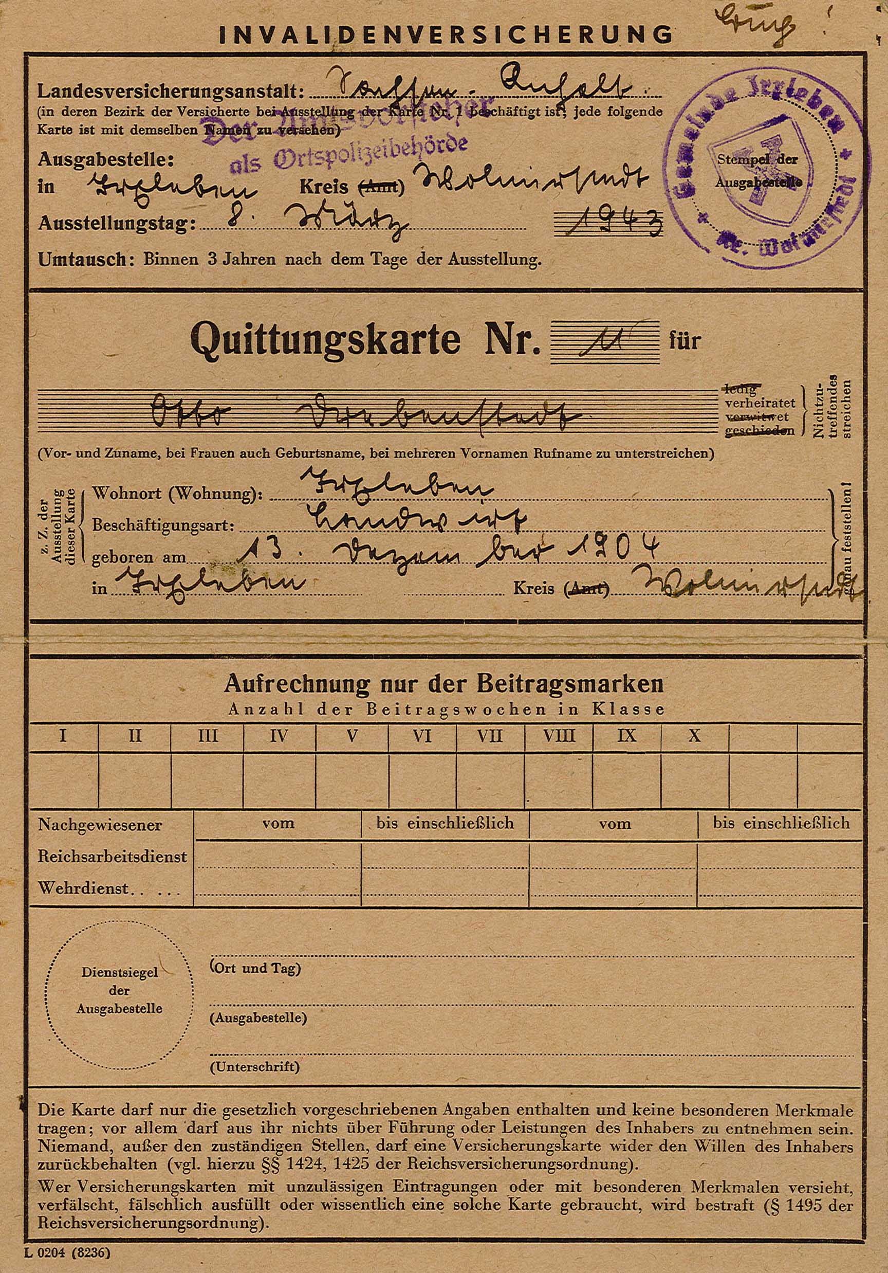 Quittungskarte für Otto Drebenstedt für die Invalidenversicherung, 8. März 1943 (Museum Wolmirstedt RR-F)