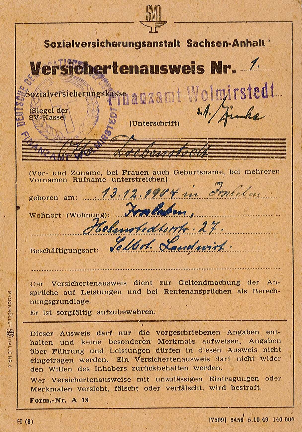 Versichertenausweis für Otto Drebenstedt für die Sozialversicherungsanstalt Sachsen-Anhalt, 1946-1950 (Museum Wolmirstedt RR-F)