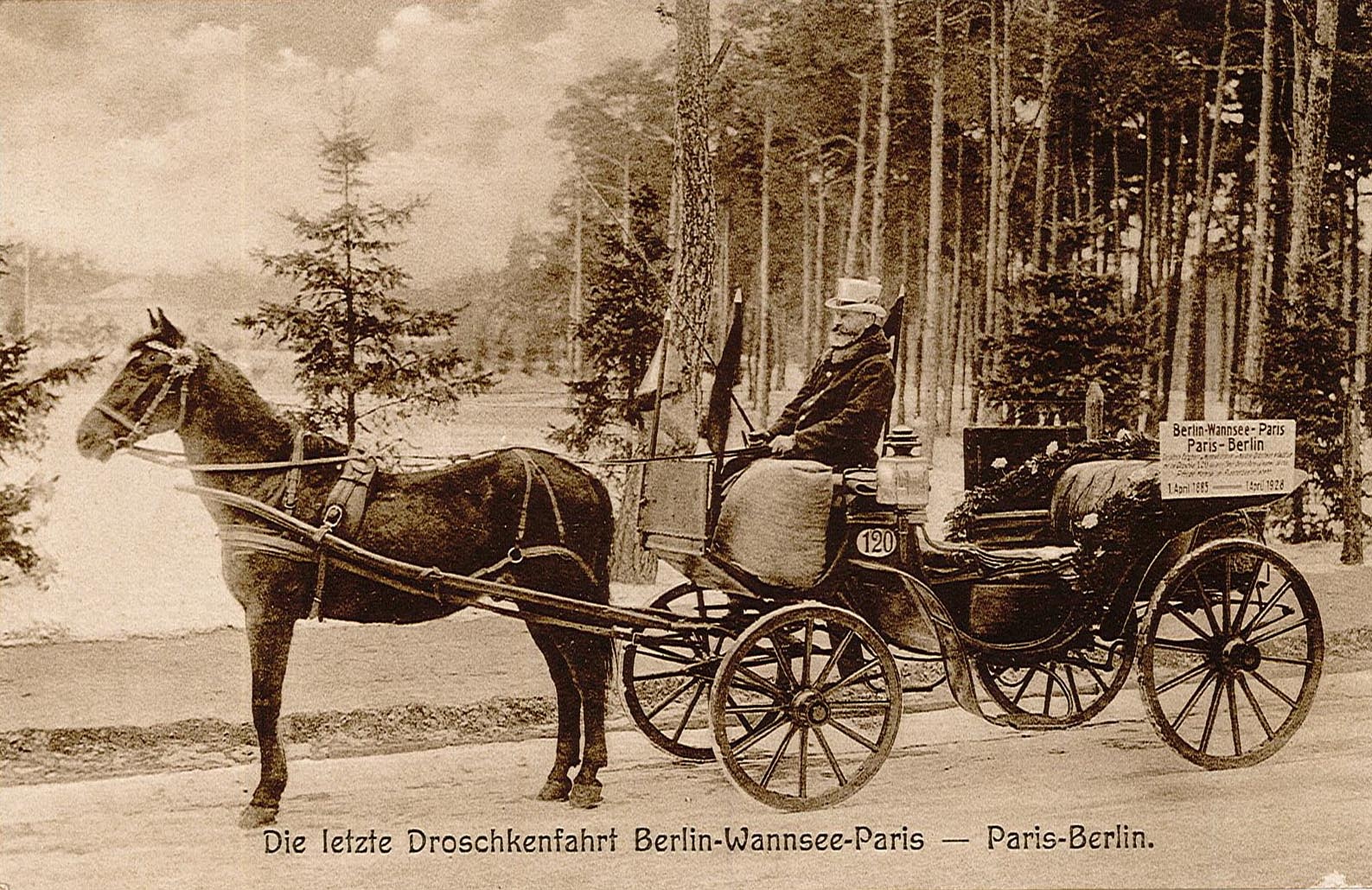 Postkarte, Motiv: Letzte Droschkenfahrt Berlin-Wannsee-Paris - Paris-Berlin, 1928 (Museum Wolmirstedt RR-F)