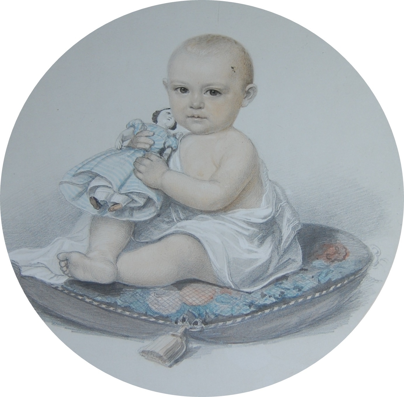 Porträt eines Kleinkindes mit Puppe (Museum Schloss Moritzburg Zeitz CC BY-NC-SA)