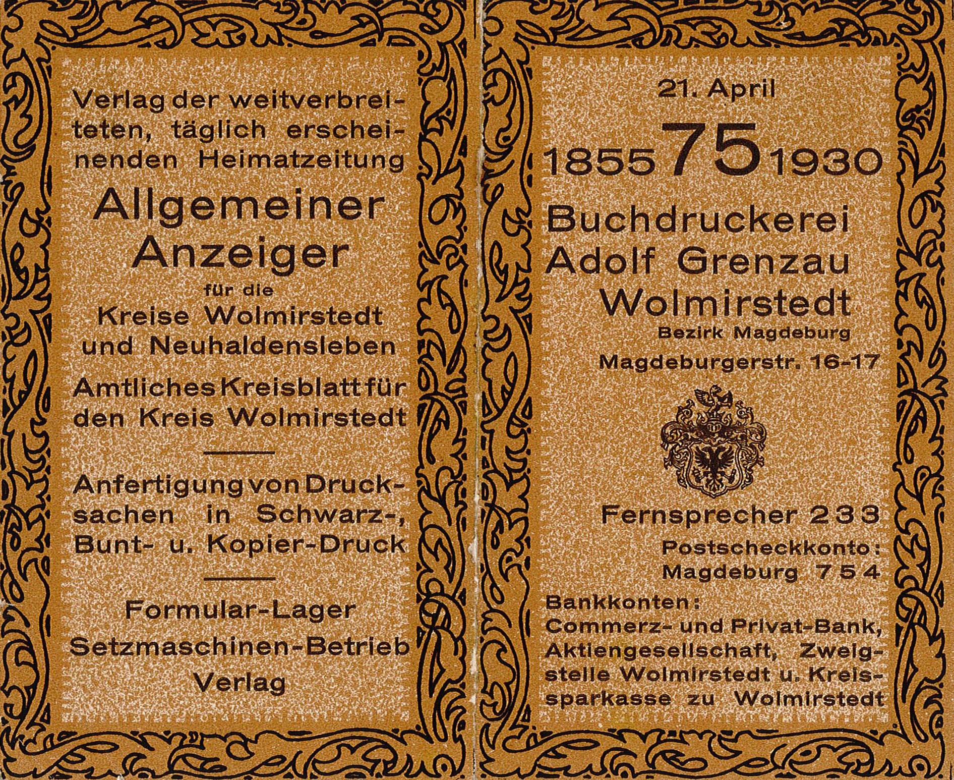 Jahreskalender 1930 zum 75-jährigen Bestehen der Druckerei Grenzau (Museum Wolmirstedt RR-F)