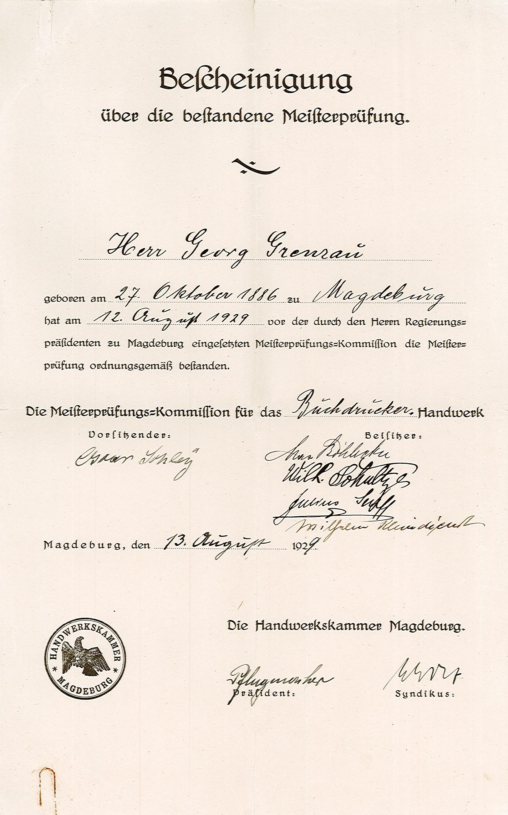 Zeugnis zur Meisterprüfung für das Buchdrucker-Handwerk von Georg Grenzau, 13. August 1929 (Museum Wolmirstedt RR-F)