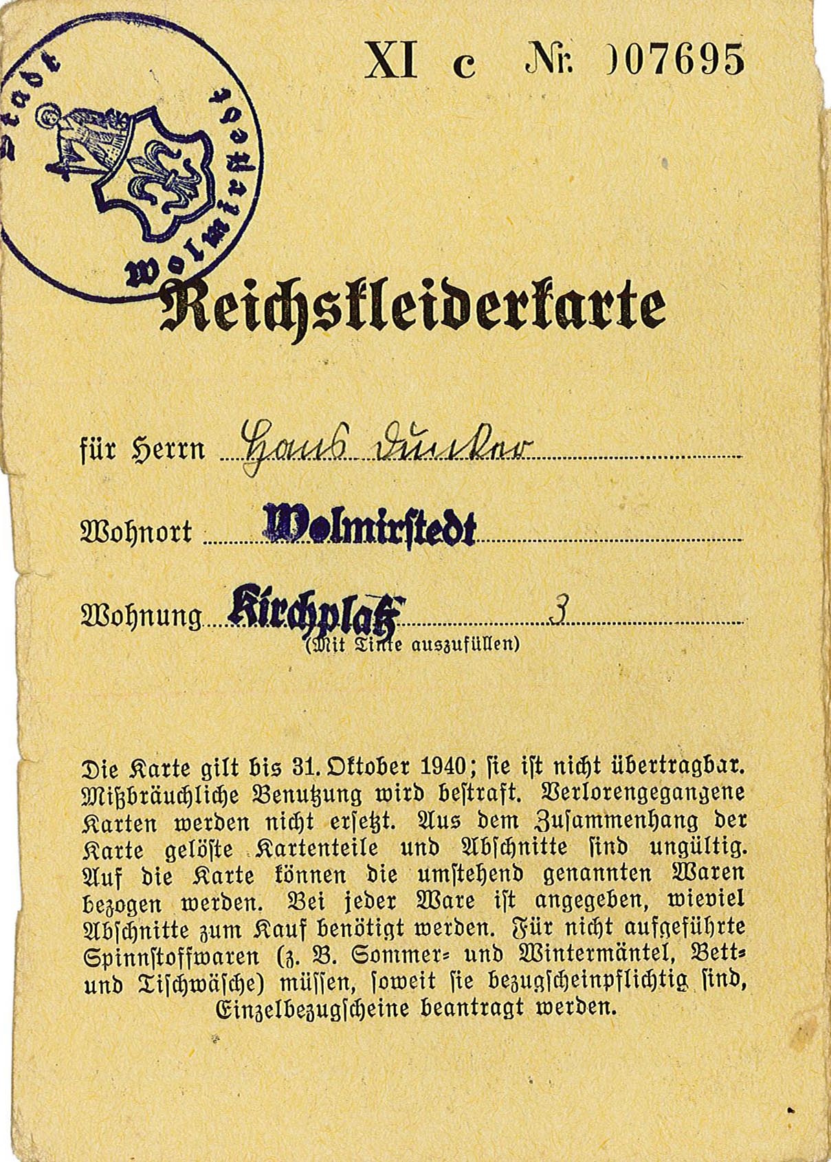 Reichskleiderkarte für Hans Dunker, 1940 (Museum Wolmirstedt RR-F)