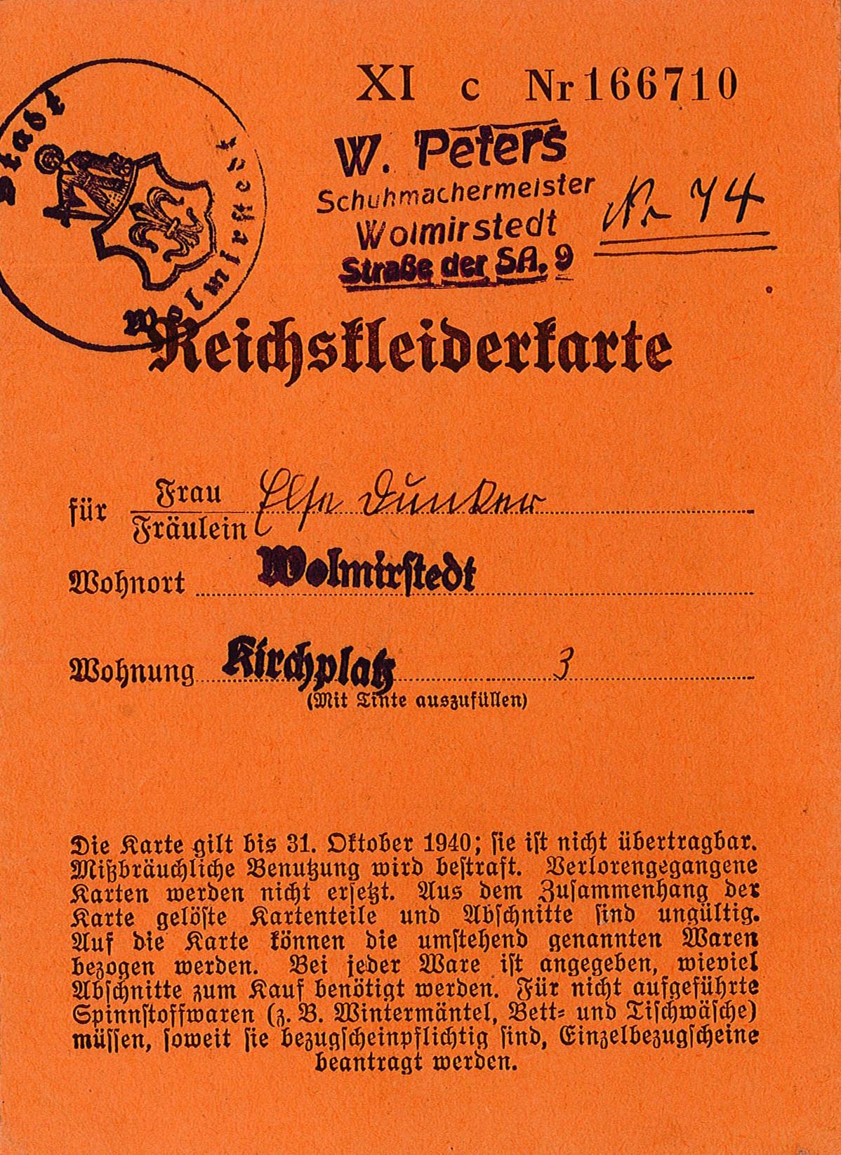 Reichskleiderkarte für Else Dunker, 1940 (Museum Wolmirstedt RR-F)