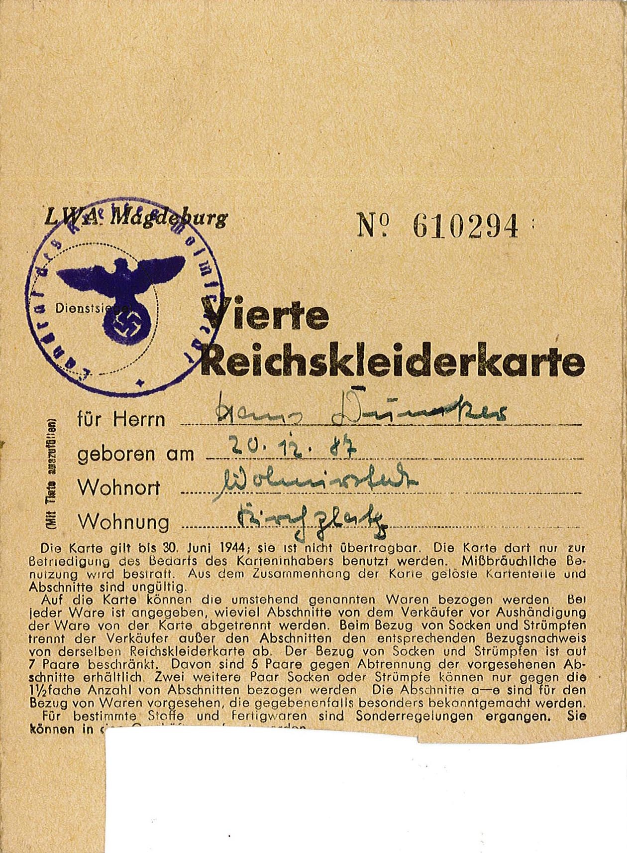 Vierte Reichskleiderkarte für Hans Dunker, 1944 (Museum Wolmirstedt RR-F)