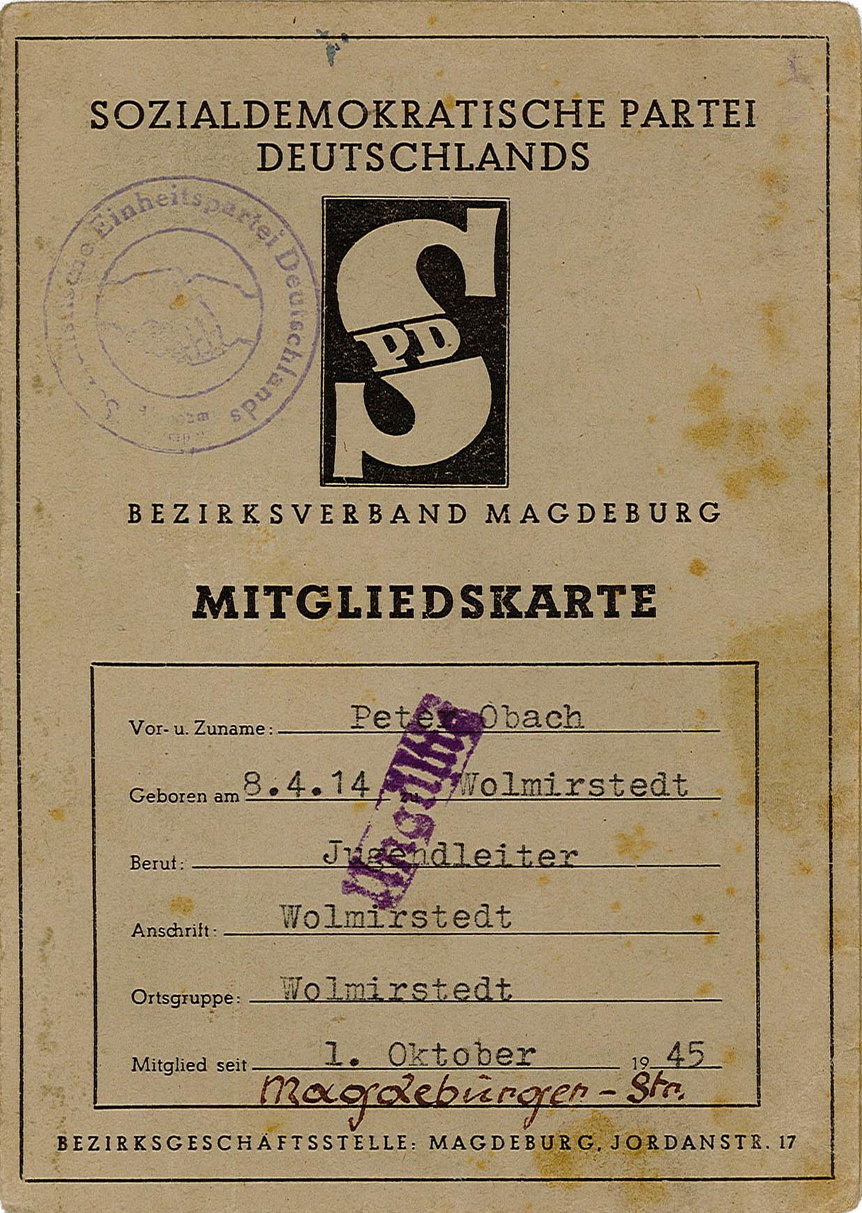 Mitgliedskarte von Peter Obach für die SPD (Museum Wolmirstedt RR-F)