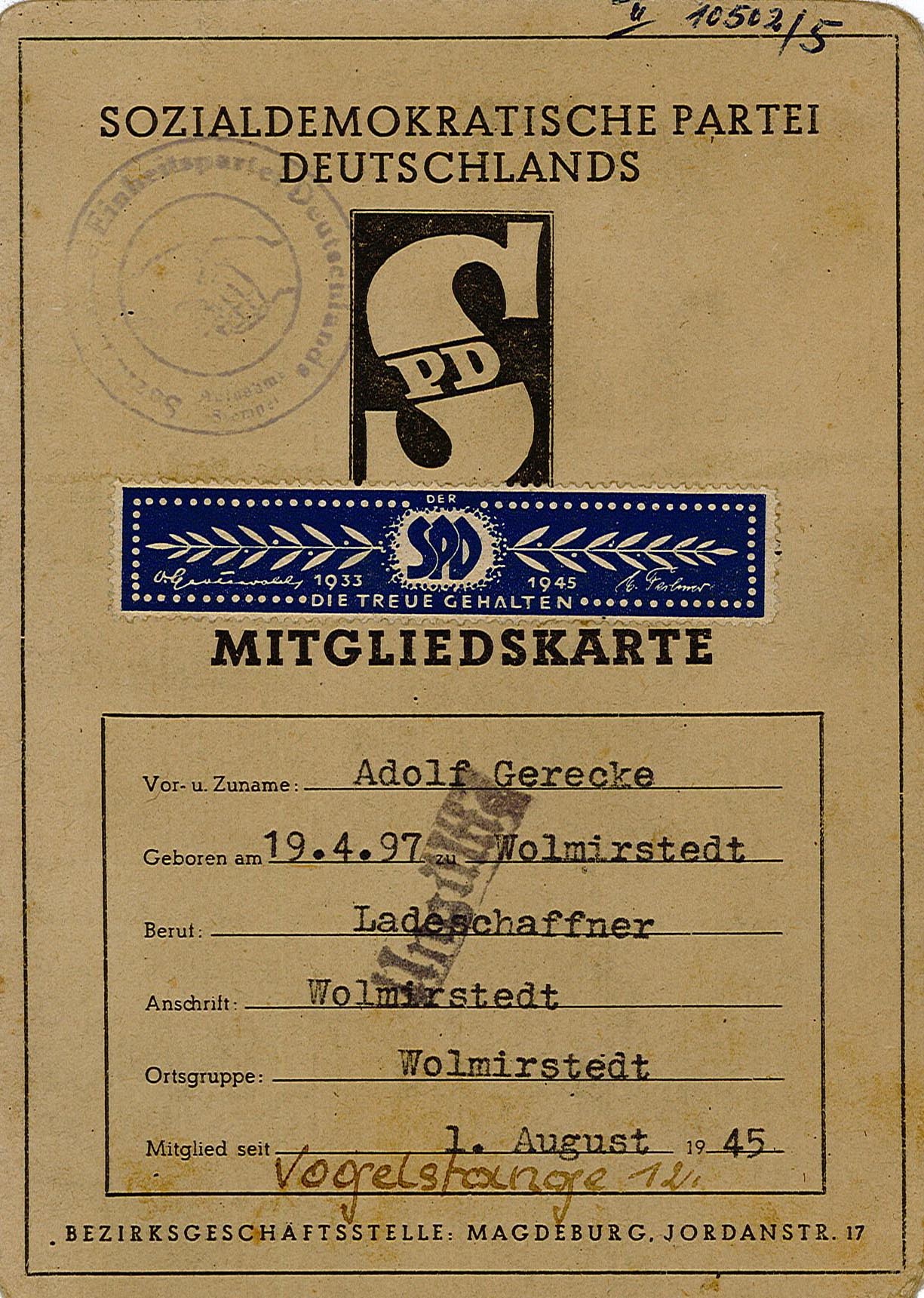 Mitgliedskarte von Adolf Gerecke für die SPD (Museum Wolmirstedt RR-F)