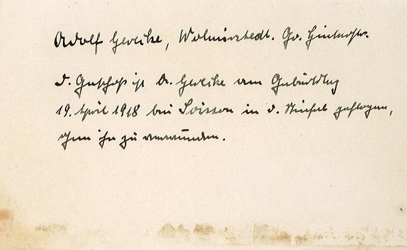 Handschriftliche Notiz im Soldbuch des Gefreiten Adolf Gerecke (Museum Wolmirstedt RR-F)