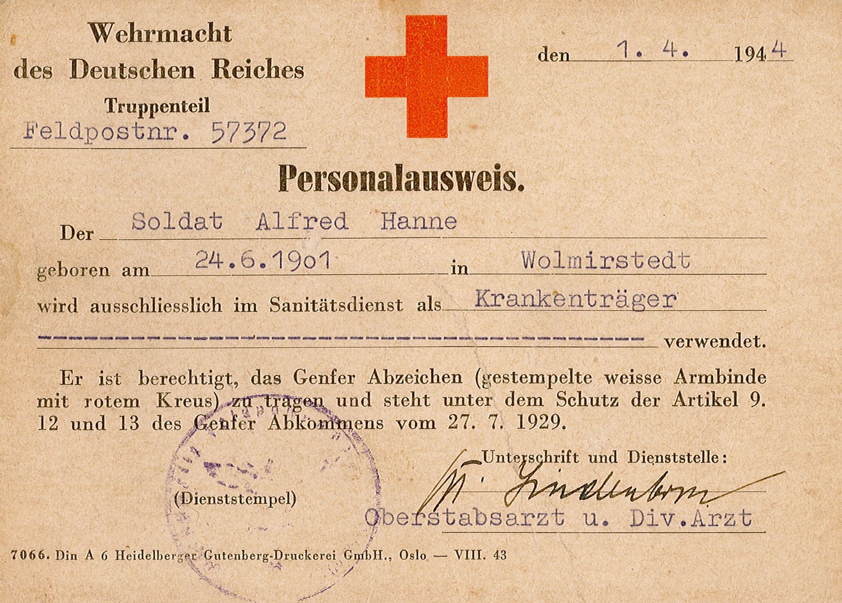 Personalausweis des Sanitätsdiensts der Deutschen Wehrmacht für Soldat Alfred Hanne, 1944 (Museum Wolmirstedt RR-F)