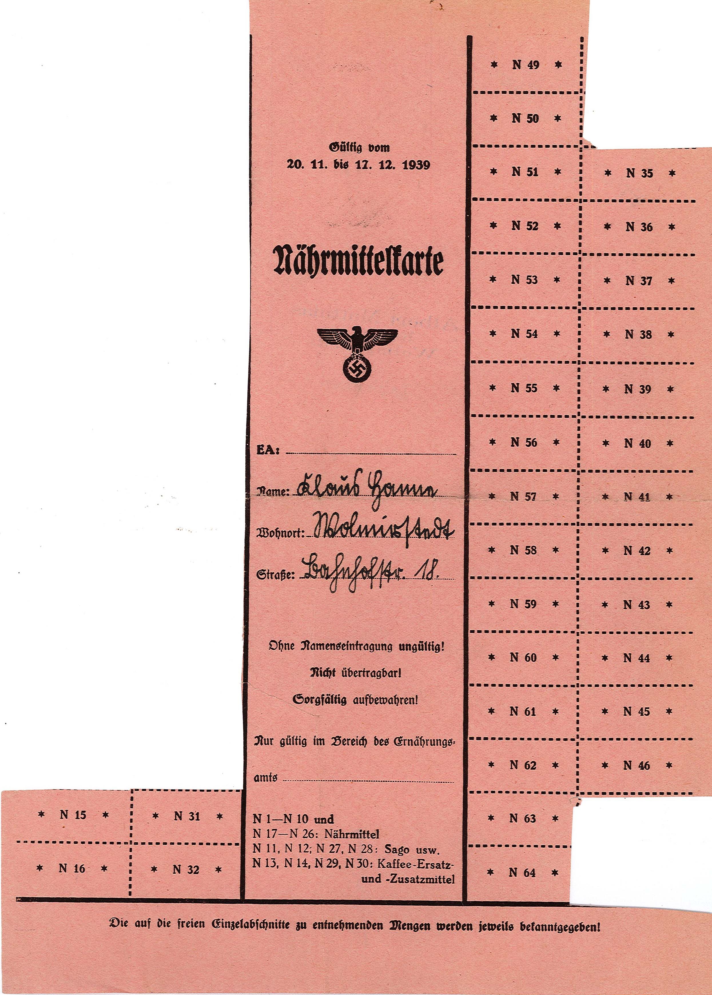 Nährmittelkarte für Klaus Hanne, 1939 (Museum Wolmirstedt RR-F)