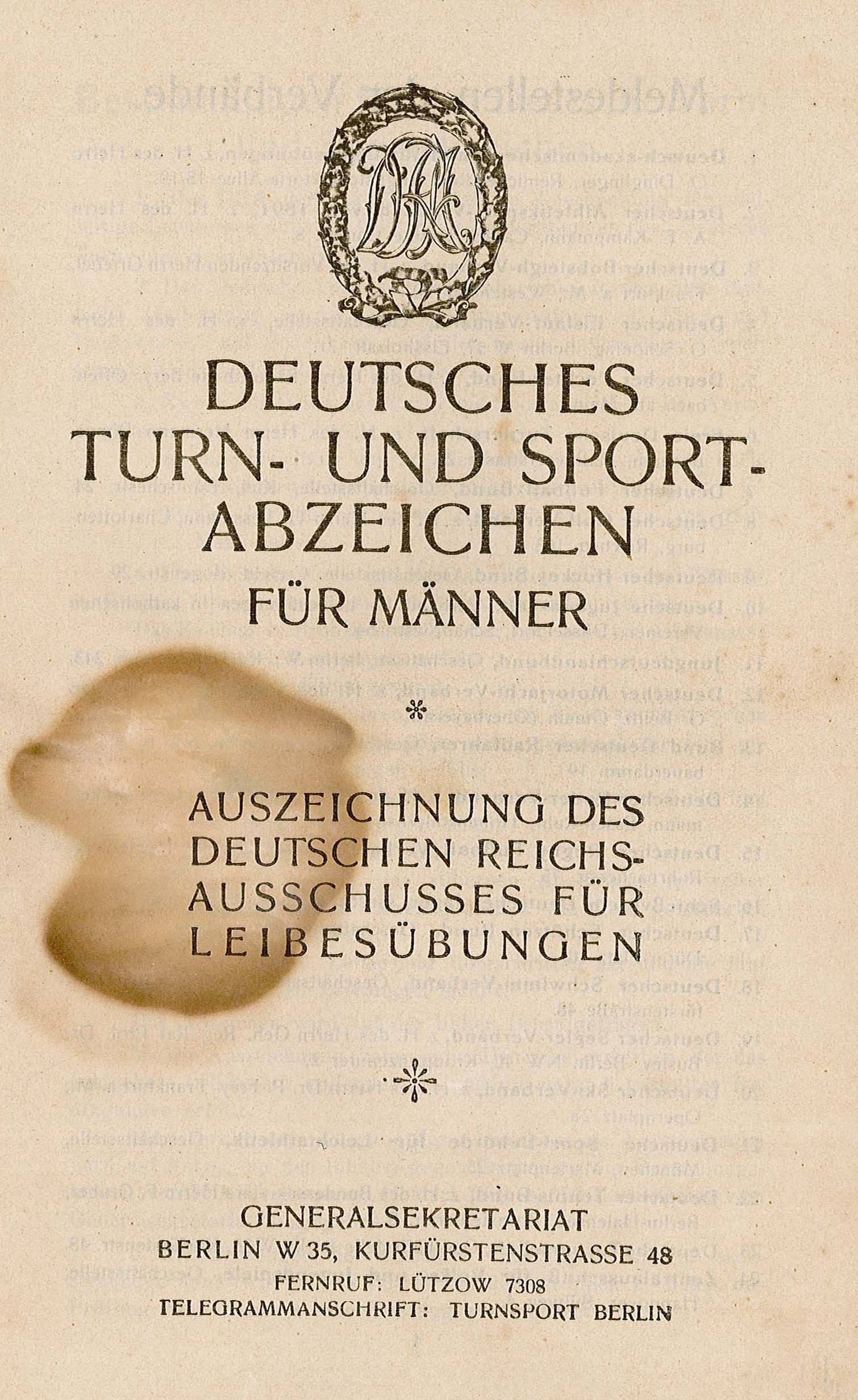 Auszeichnung für Deutsches Turn- und Sportabzeichen des Deutschen Reichausschusses für Leibesübungen für Alfred Hanne, 1923 (Museum Wolmirstedt RR-F)