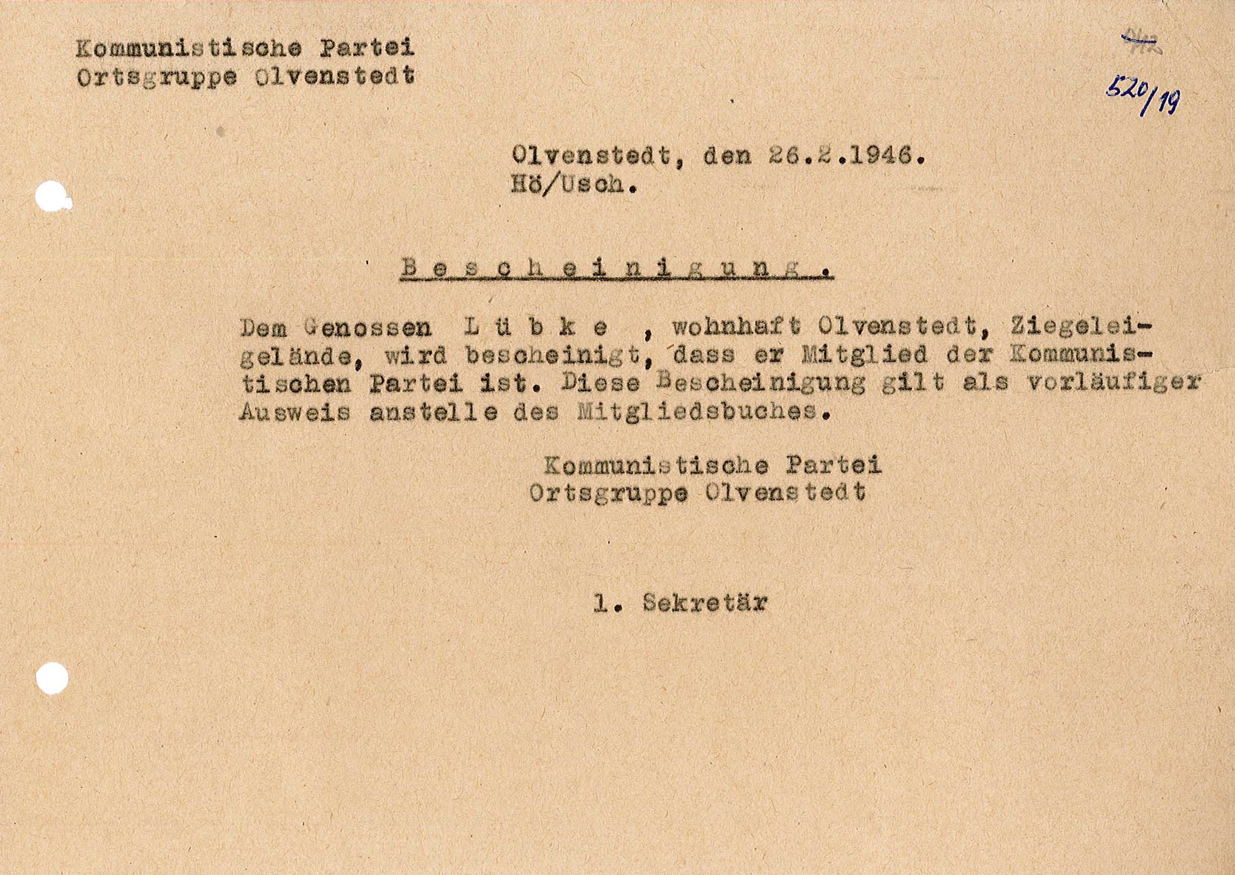 Bescheinigung der Mitgliedschaft von Genosse Lübke in der KPD, 26.02.1946. (Museum Wolmirstedt RR-F)