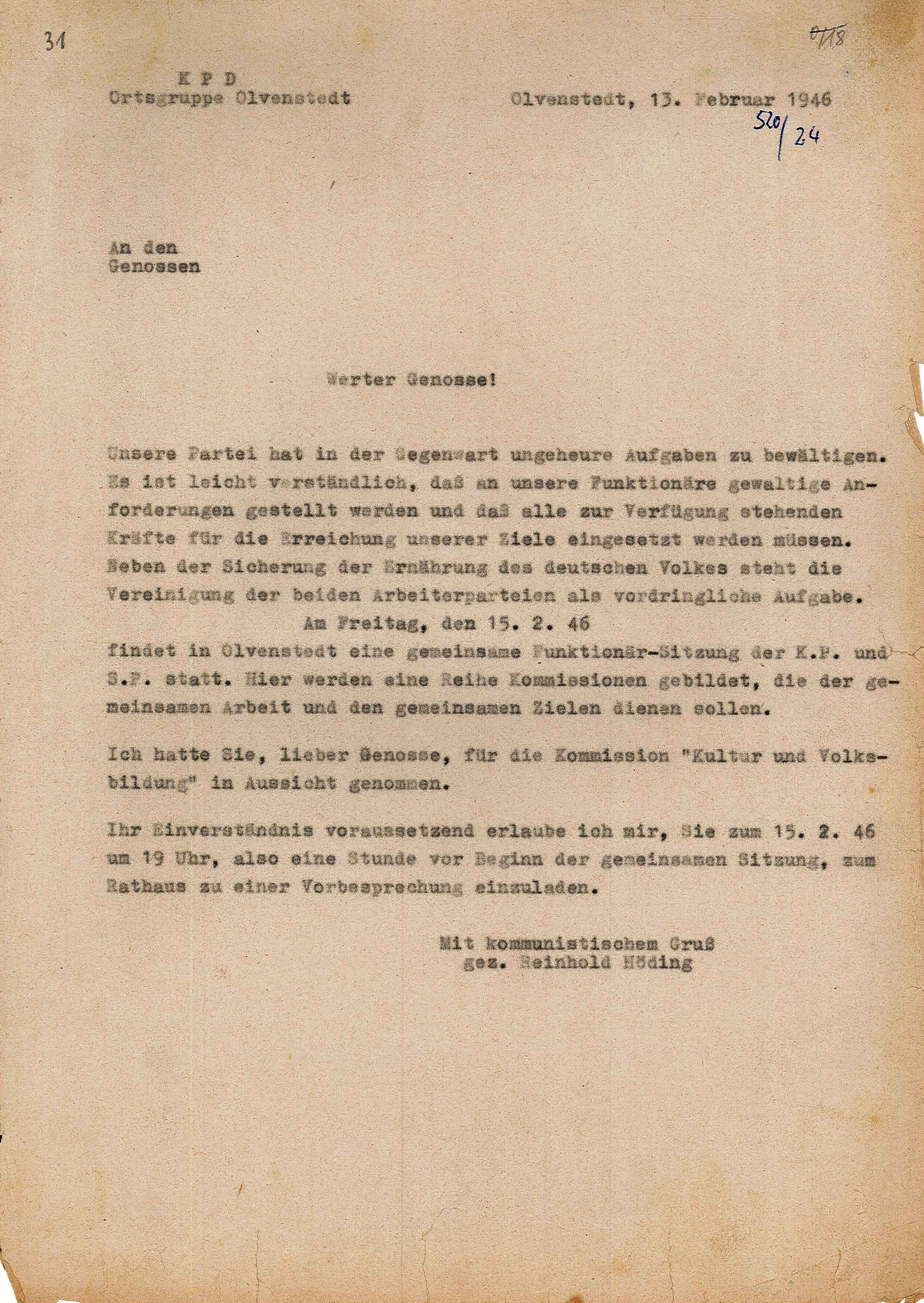 Einladung zur Vorbesprechung bezüglich einer gemeinsamen Sitzung von KPD und SPD, 13. Februar 1946 (Museum Wolmirstedt RR-F)