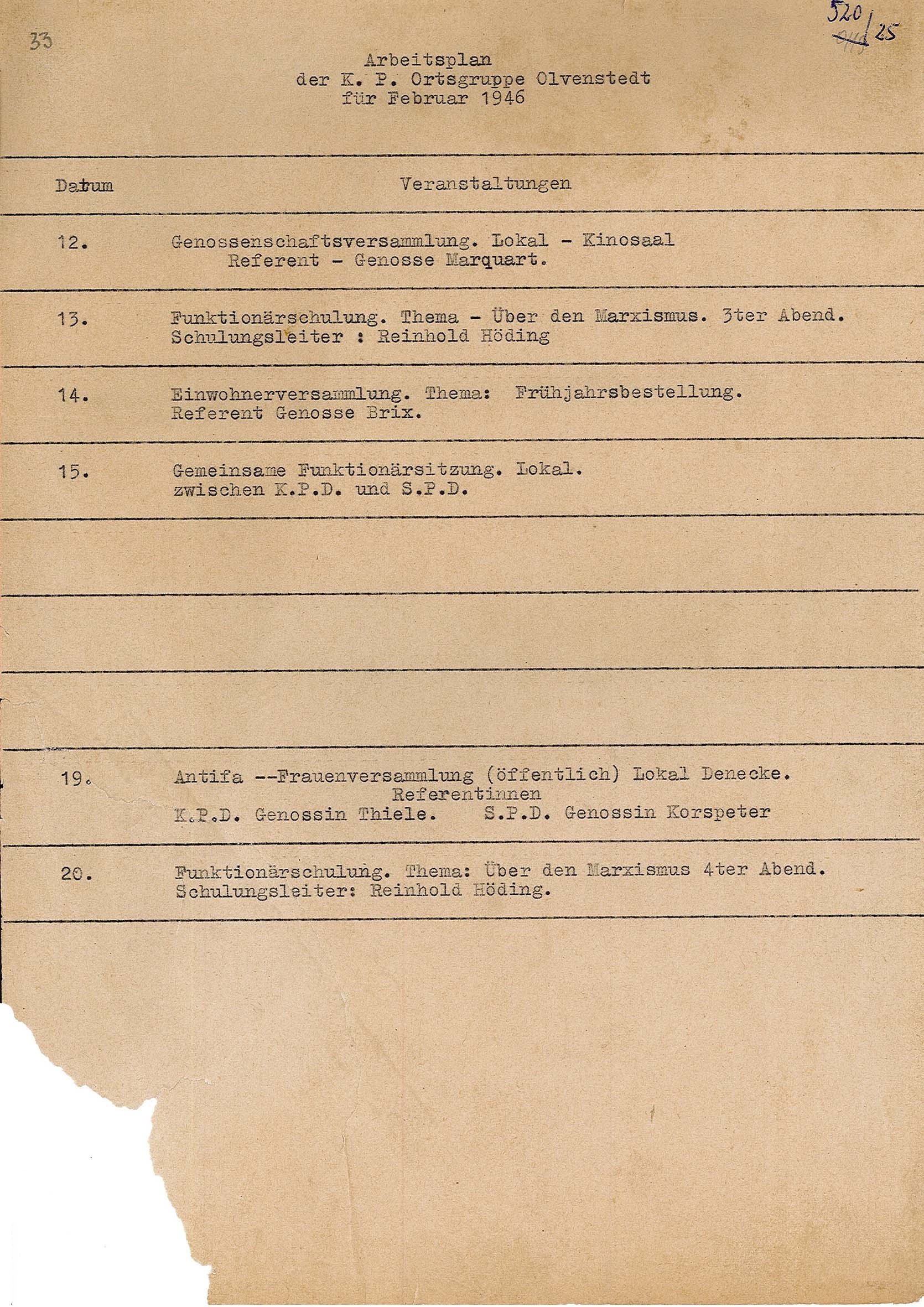 Arbeitsplan der KPD-Ortsgruppe Olvenstedt für Februar 1946 (Museum Wolmirstedt RR-F)
