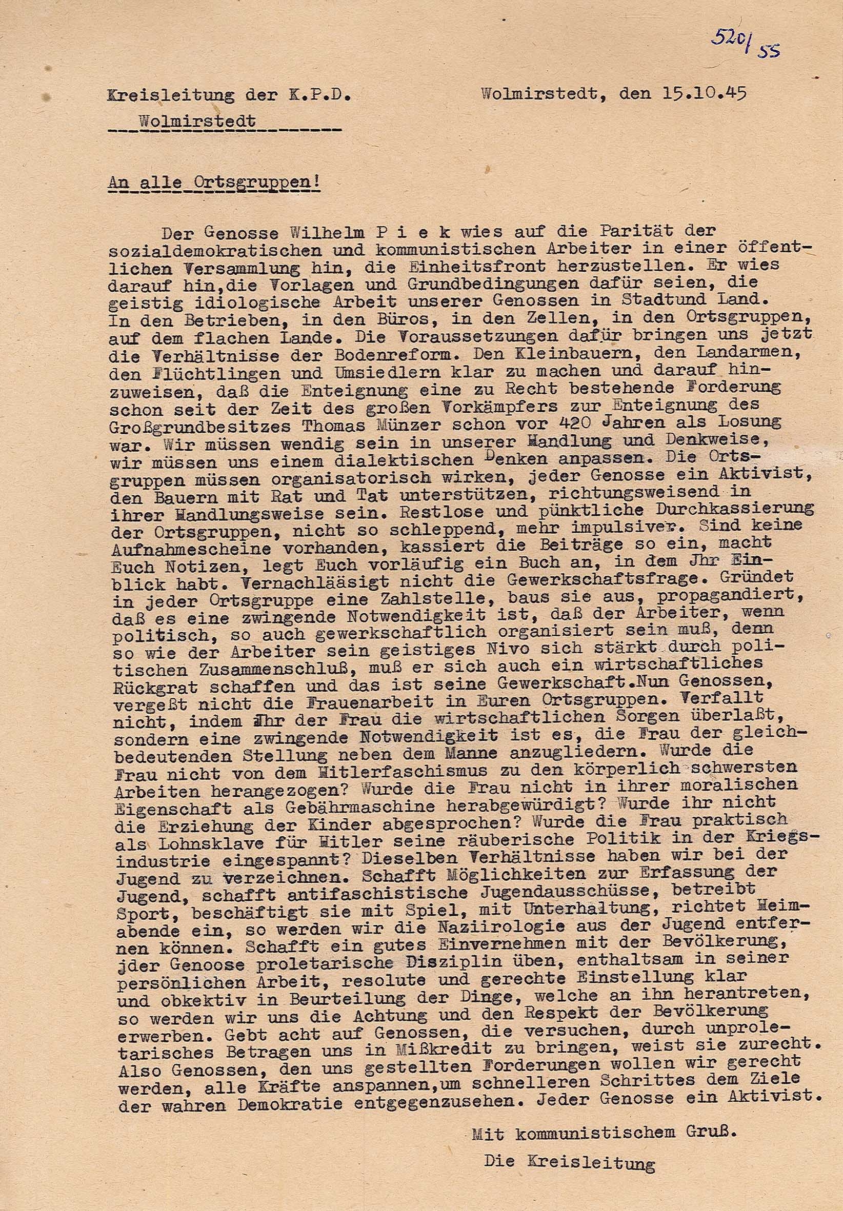 Schreiben KPD-Kreisleitung Wolmirstedt mit Auswertung Rede Wilhelm Piecks, 15.10.1945 (Museum Wolmirstedt RR-F)