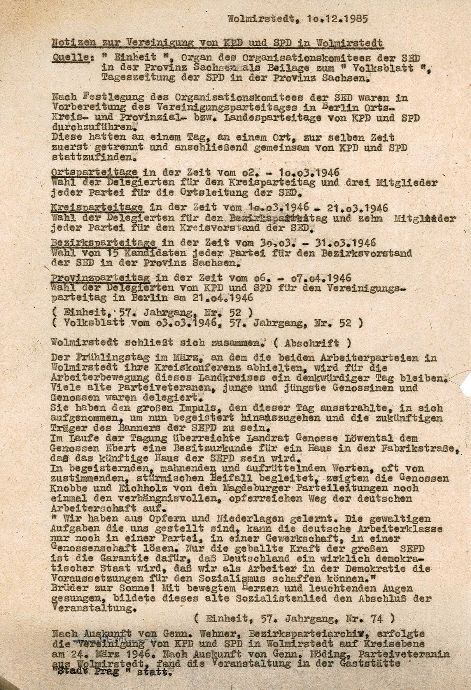 Exzerpt aus der "Einheit" zur Vereinigung von KPD und SED im Jahr 1946, 10. Dezember 1985 (Museum Wolmirstedt RR-F)