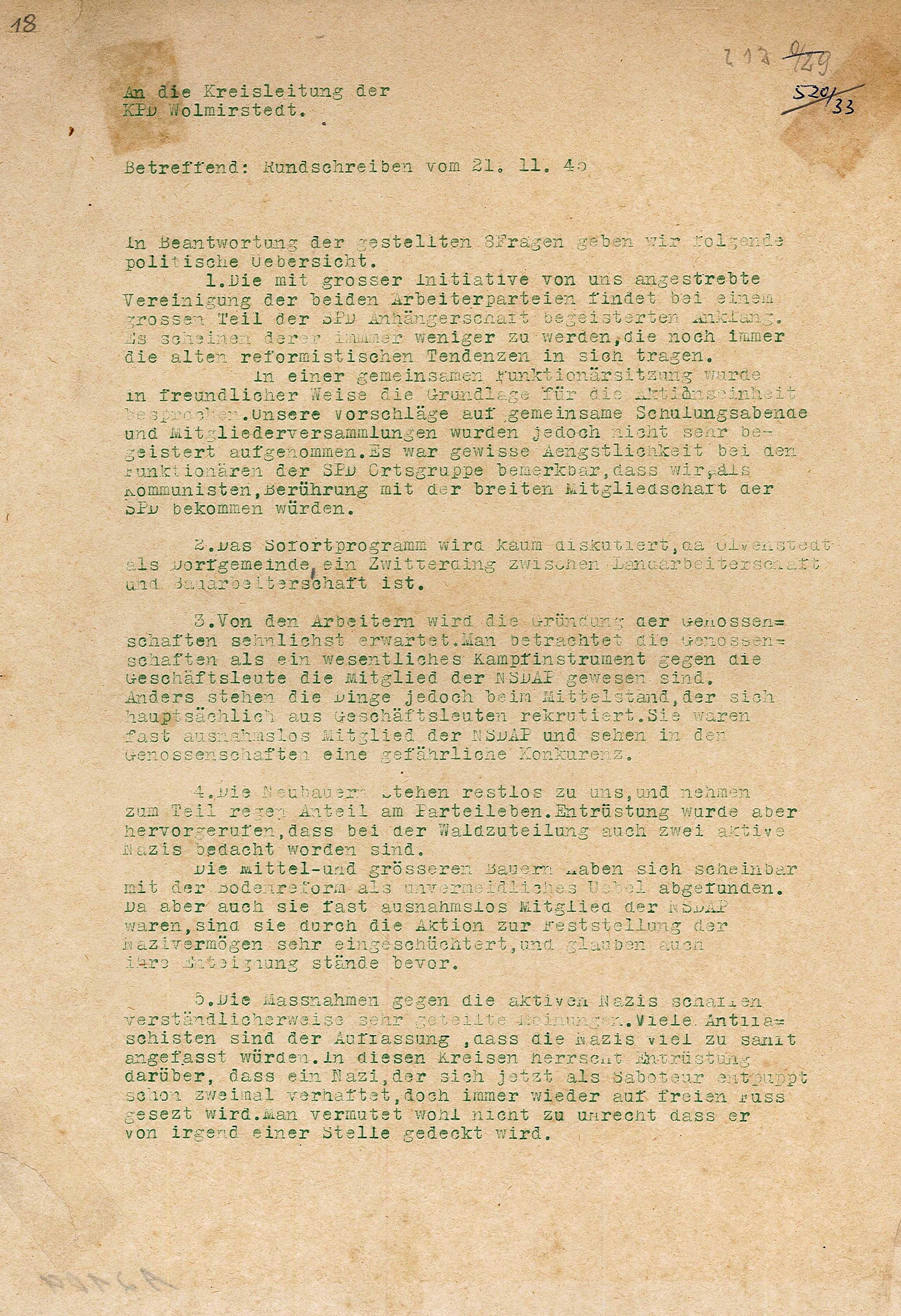 Antwortschreiben an die KPD-Kreisleitung zur Anfrage vom 21. November 1945 (Museum Wolmirstedt RR-F)