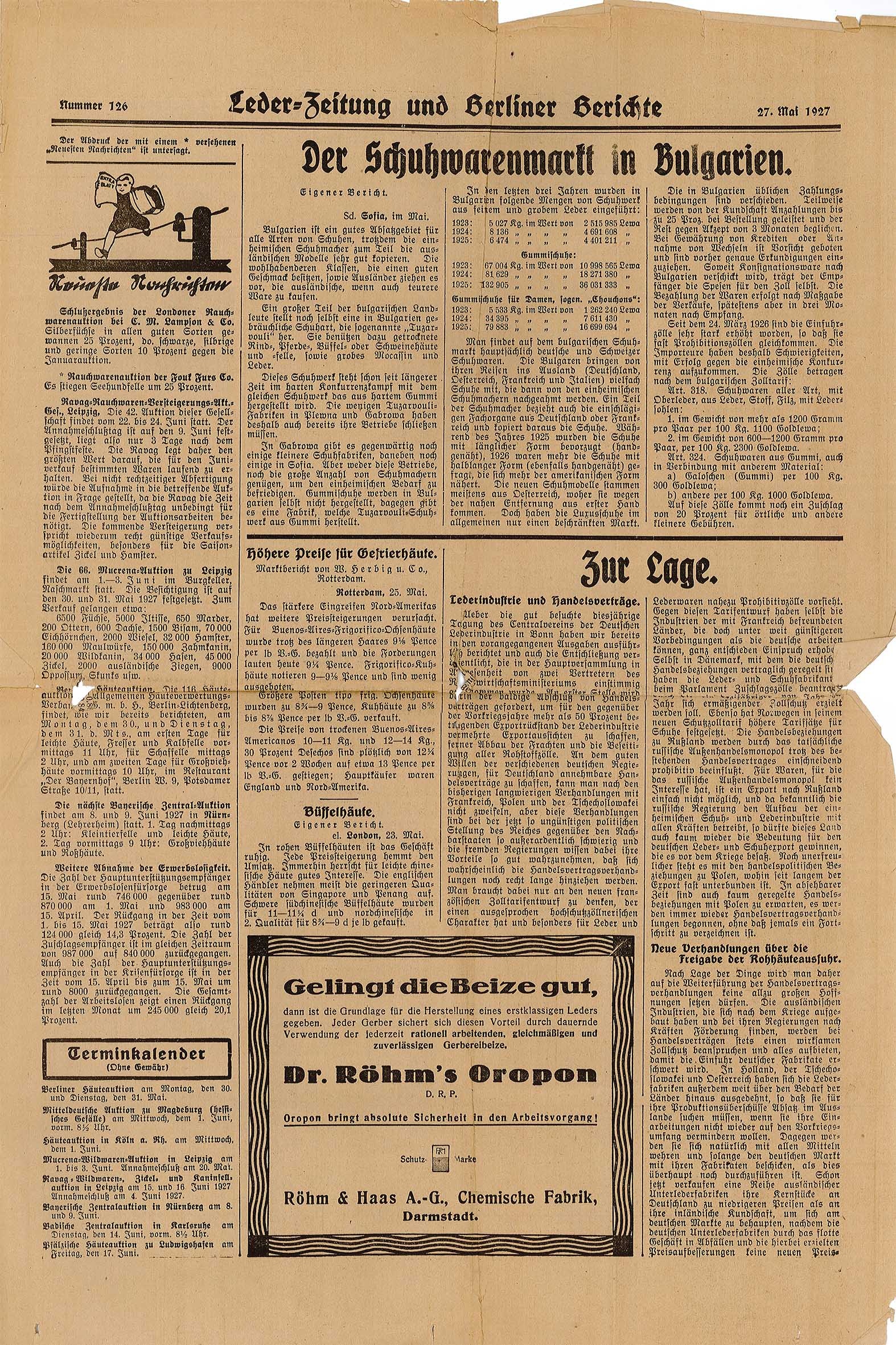 "Leder-Zeitung und Berliner Berichte" (Nr. 126) vom 27. Mai 1927 (Museum Wolmirstedt RR-F)
