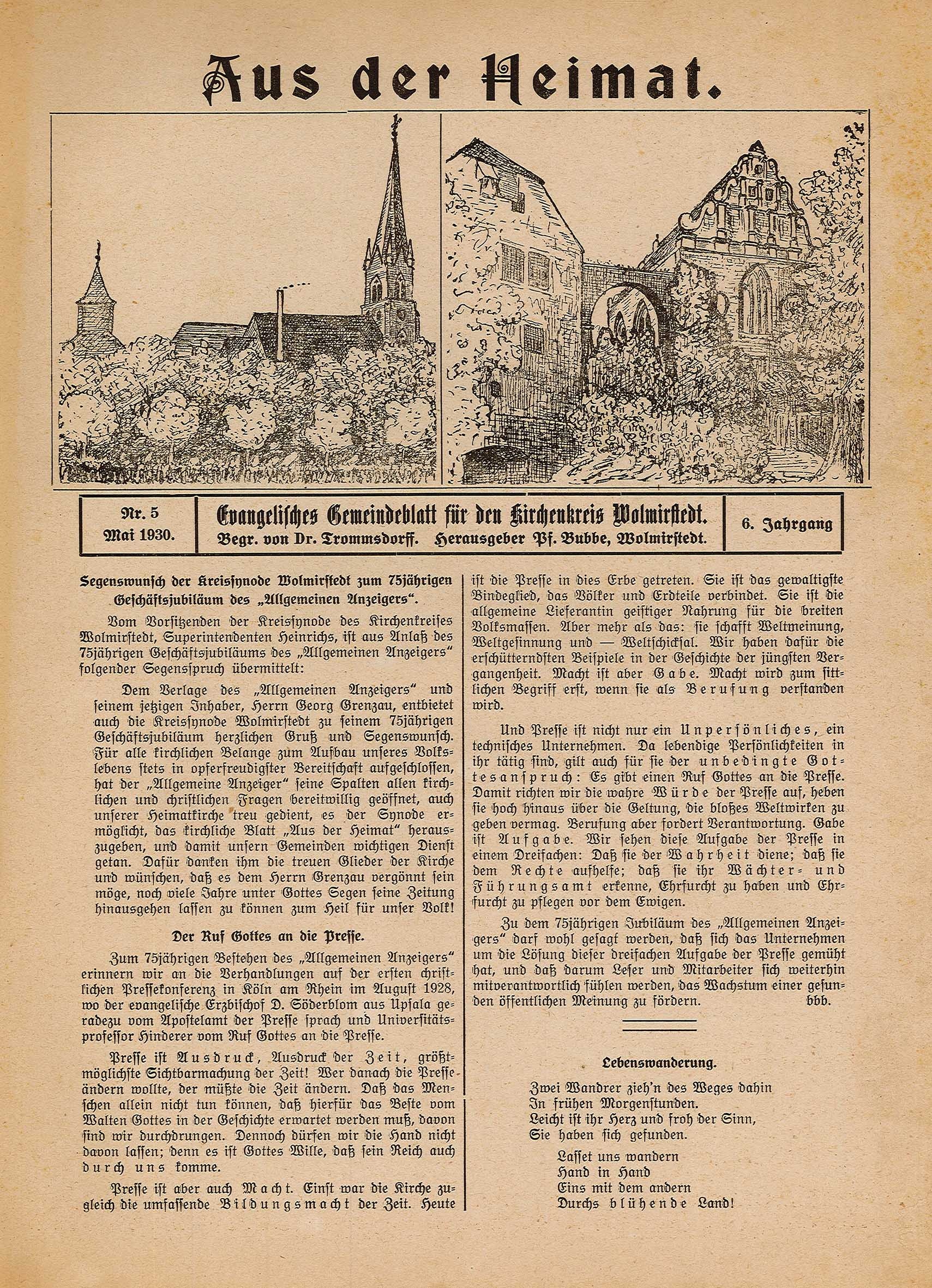 Aus der Heimat. Evangelisches Gemeindeblatt für den Kirchenkreis Wolmirstedt // Heimatstimme Nr. 5 1930 (Museum Wolmirstedt RR-F)