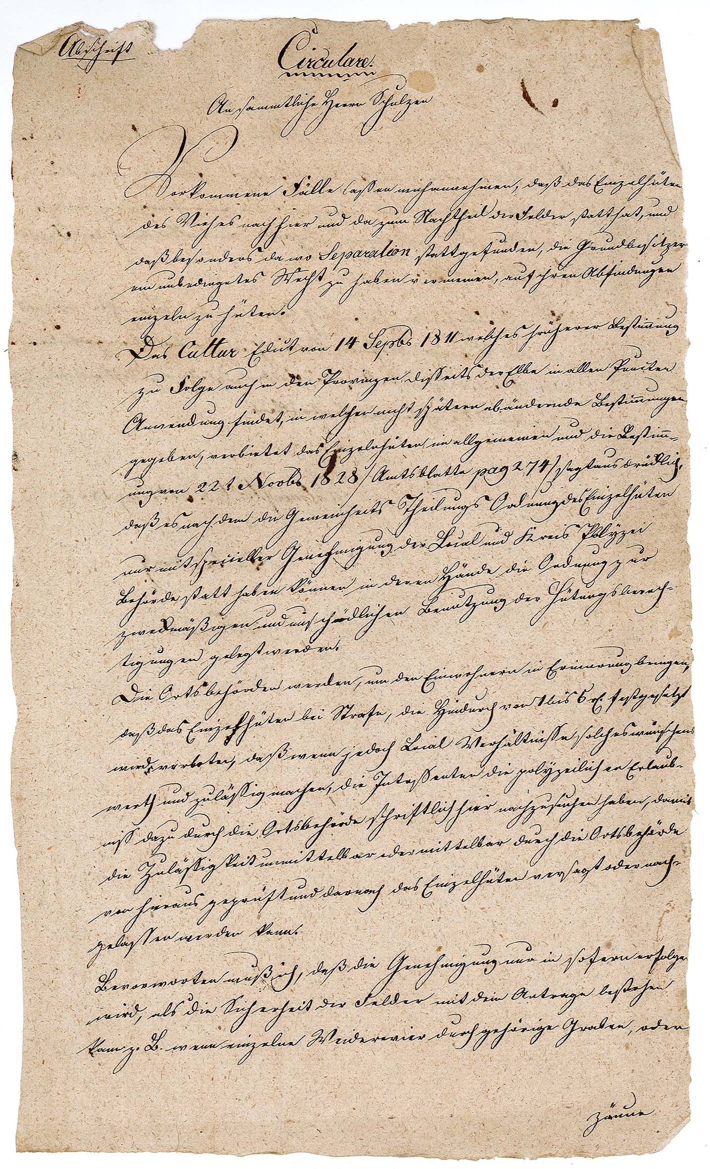 Abschrift eines Rundschreiben zum Viehhüten an sämtliche Schulzen, 31. August 1832 (Museum Wolmirstedt RR-F)