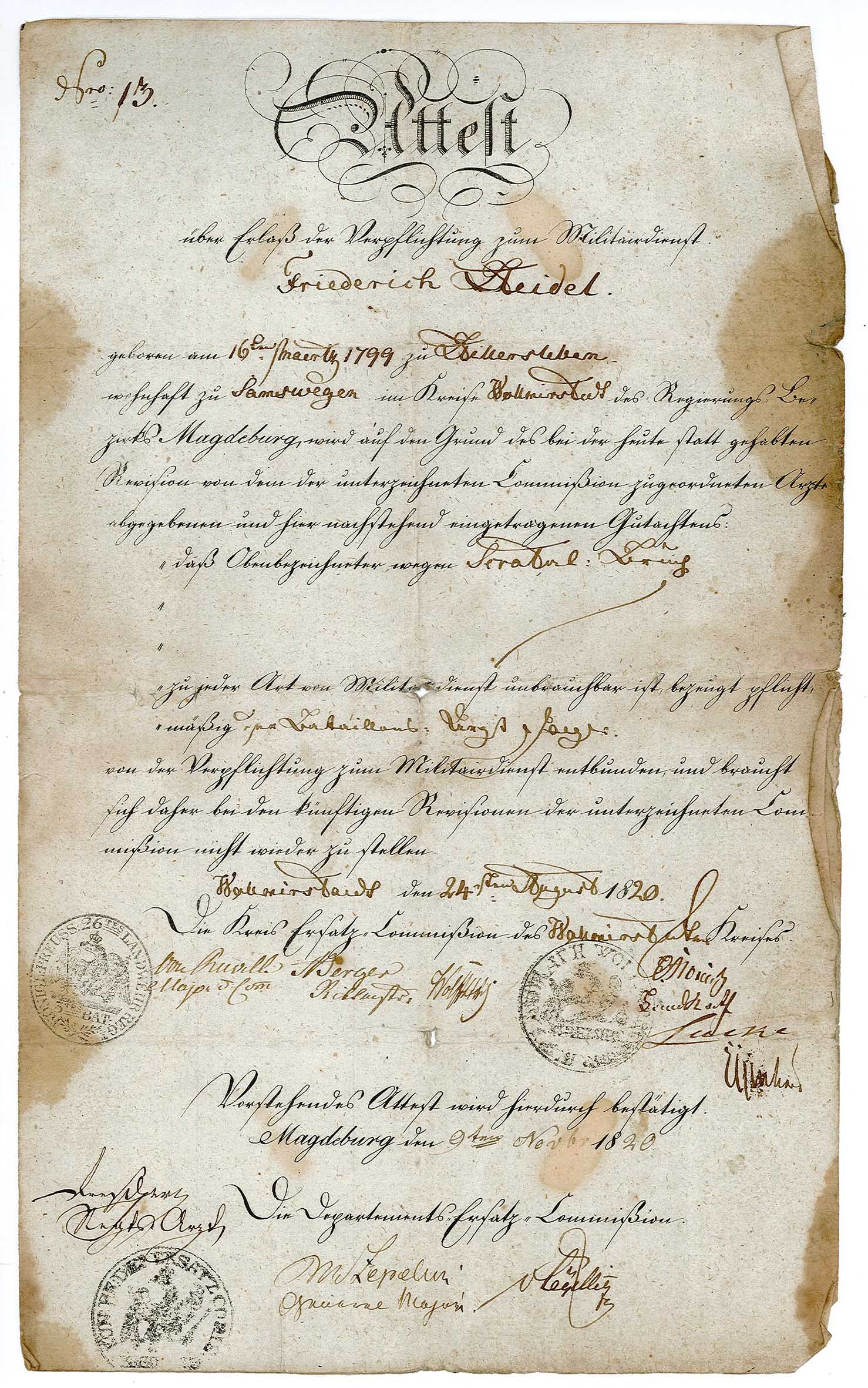 Attest über Erlaß der Verpflichtung zum Militärdienst Friederich Steidel, 28. August 1820 (Museum Wolmirstedt RR-F)
