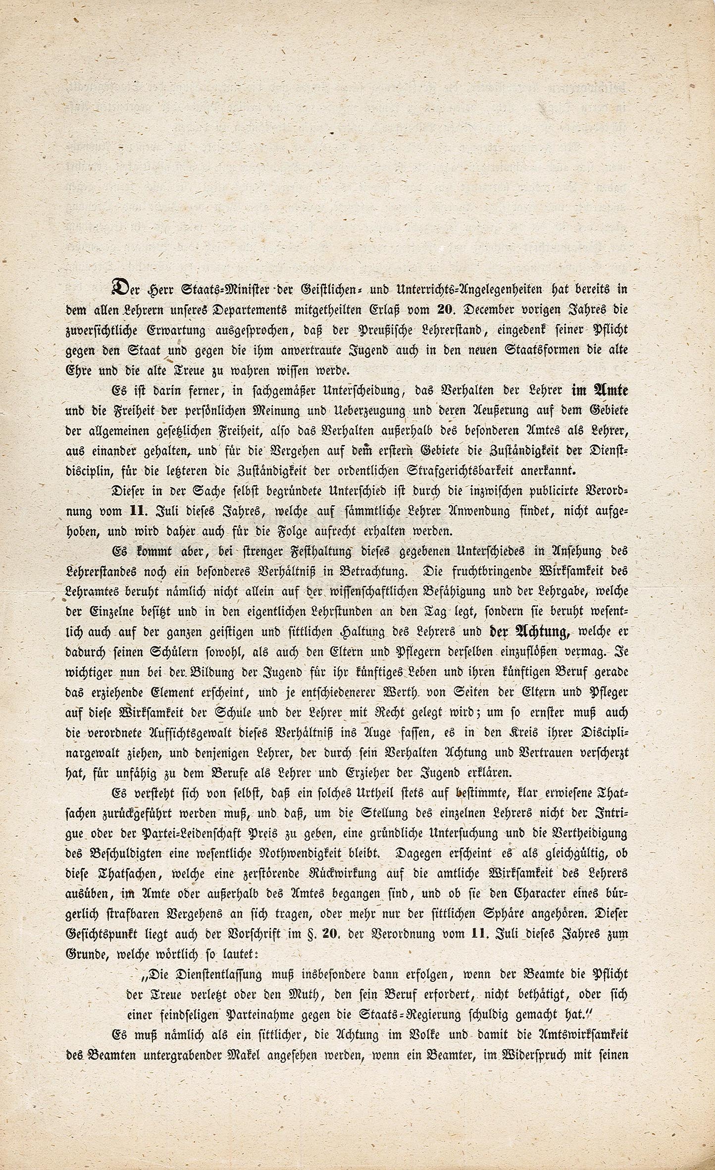 Rundschreiben an alle Lehrer des Regierungsbezirkes Magdeburg, 1849 (Museum Wolmirstedt RR-F)