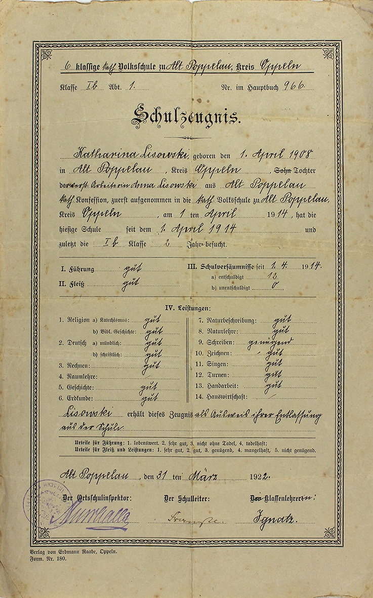 Abschlussschulzeugnis für Katharina Lisowski, 31. März 1922 (Museum Wolmirstedt RR-F)