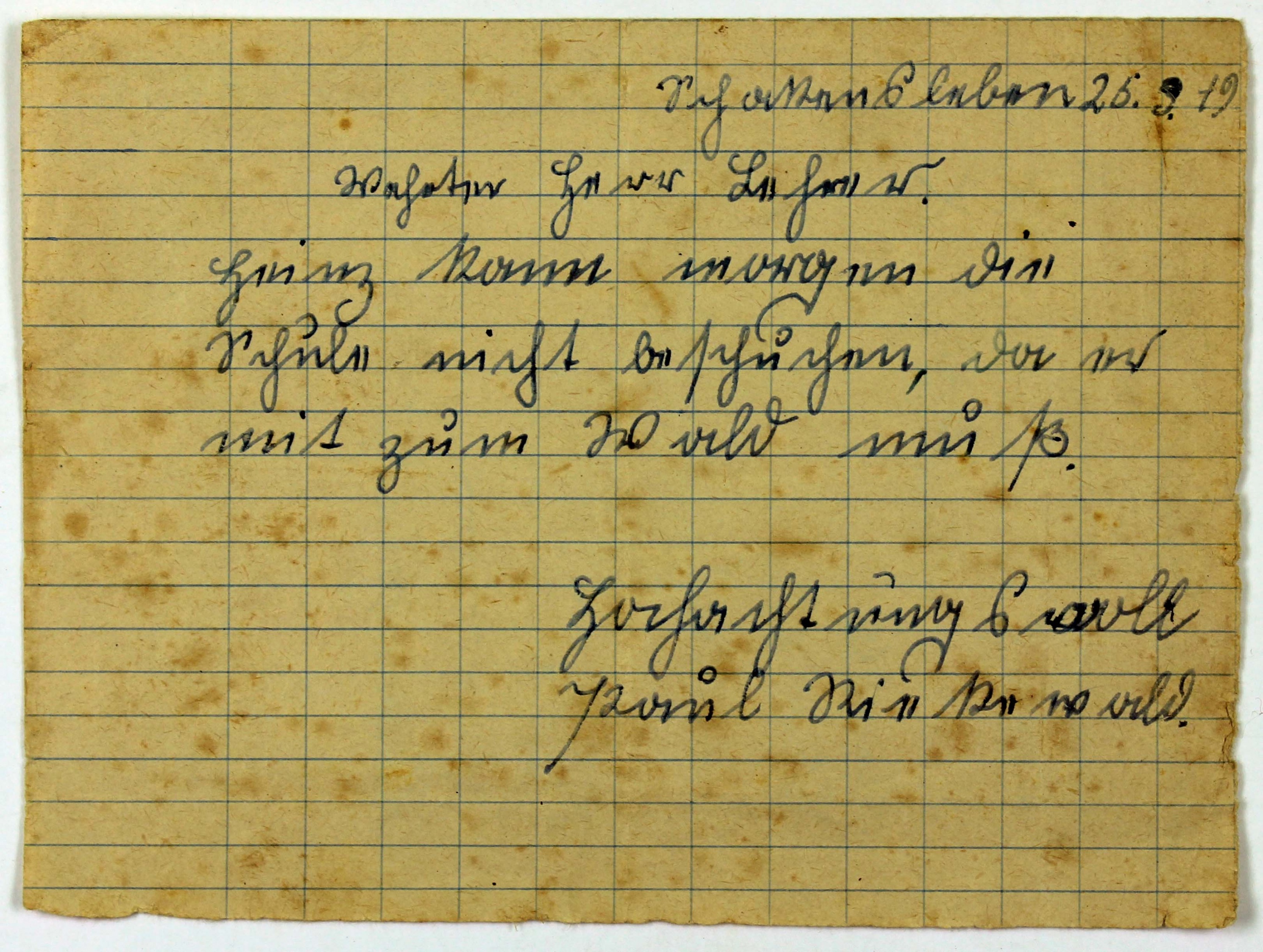 Entschuldigungsschreiben für Fehlen des Schülers Heinz Sitzewald, 1949 (Museum Wolmirstedt RR-F)