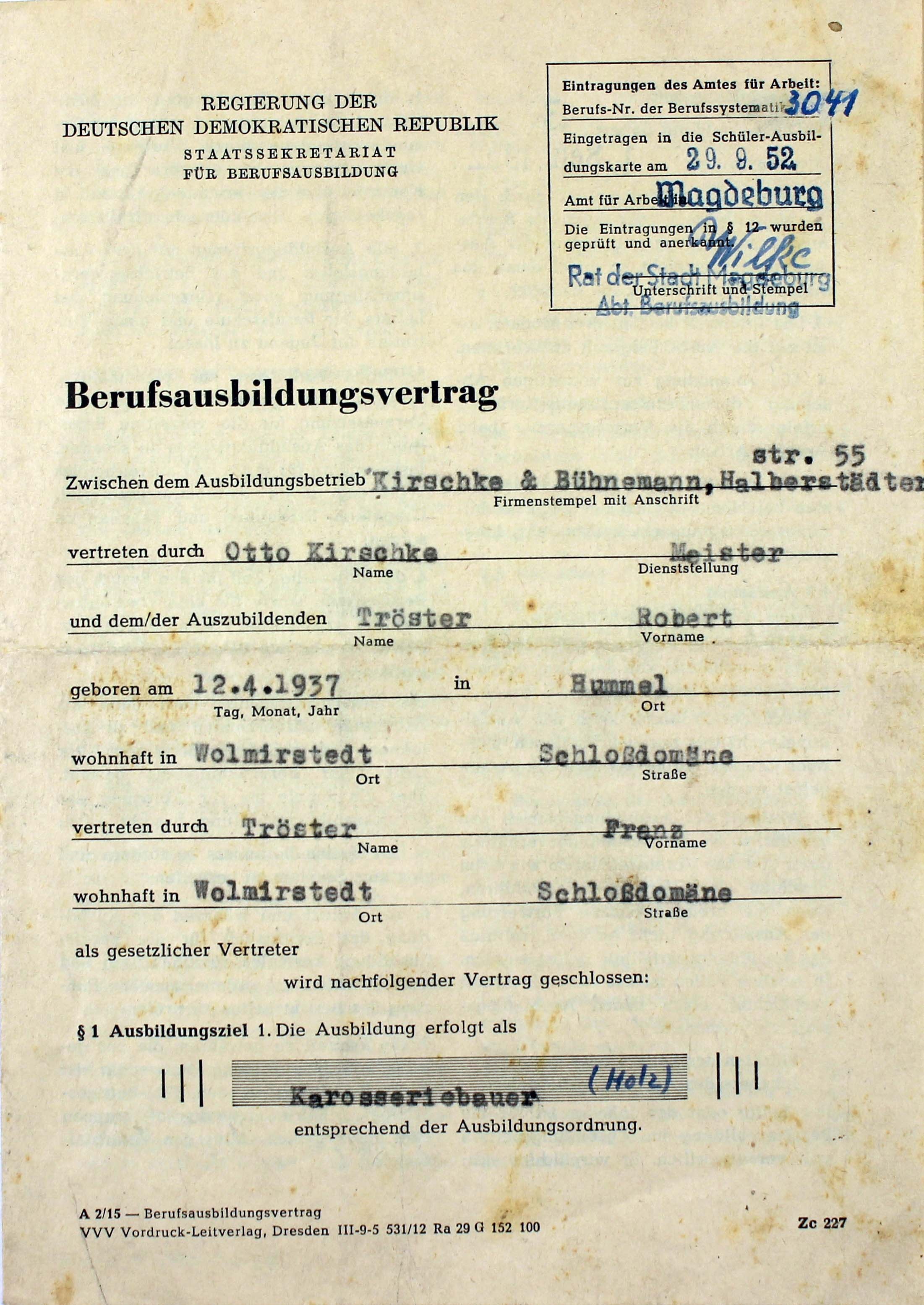 Berufausbilungsvertrag von Robert Tröster, 1952 (Museum Wolmirstedt RR-F)